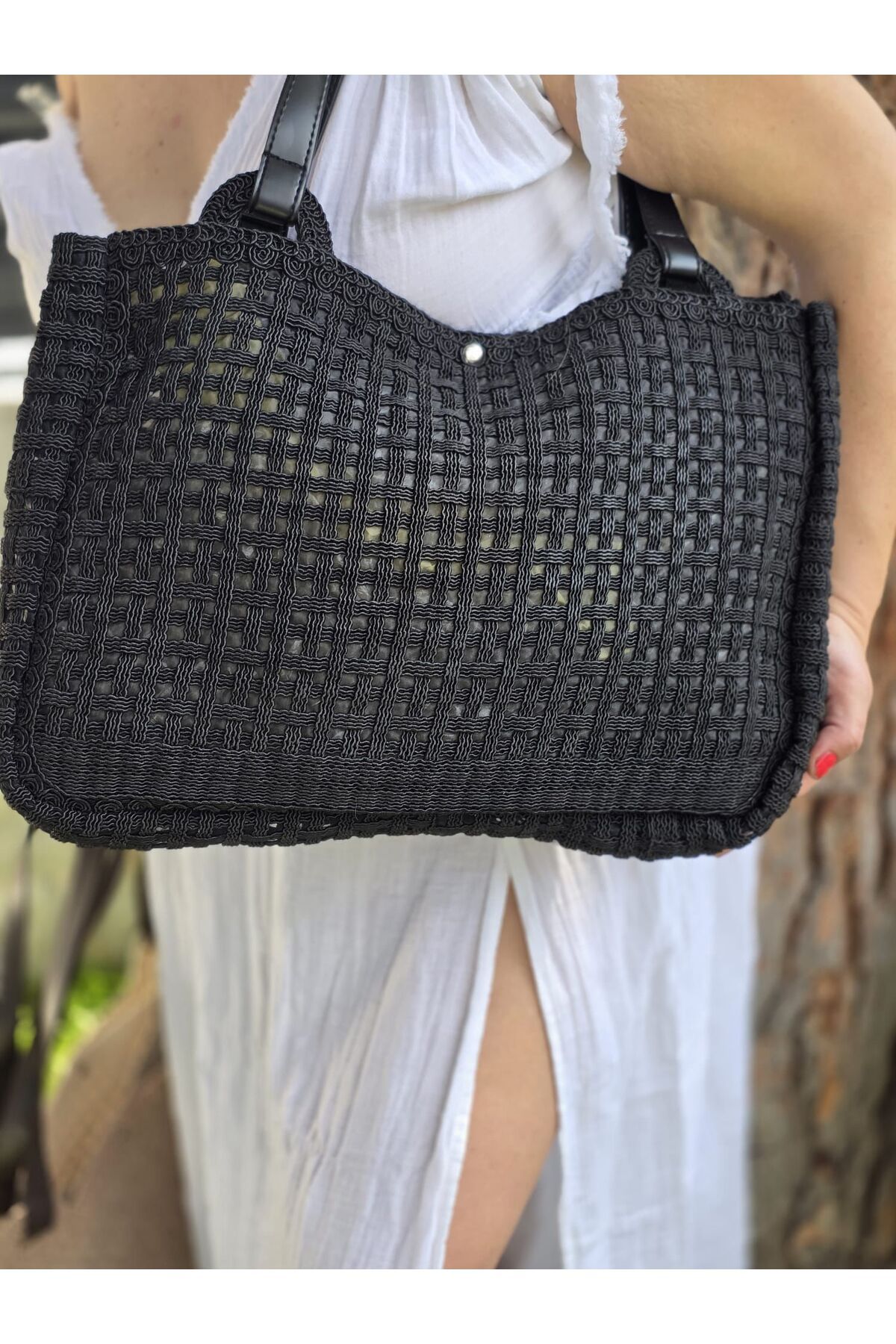 obenbags Siyah Hasır Örgü Tote Çanta