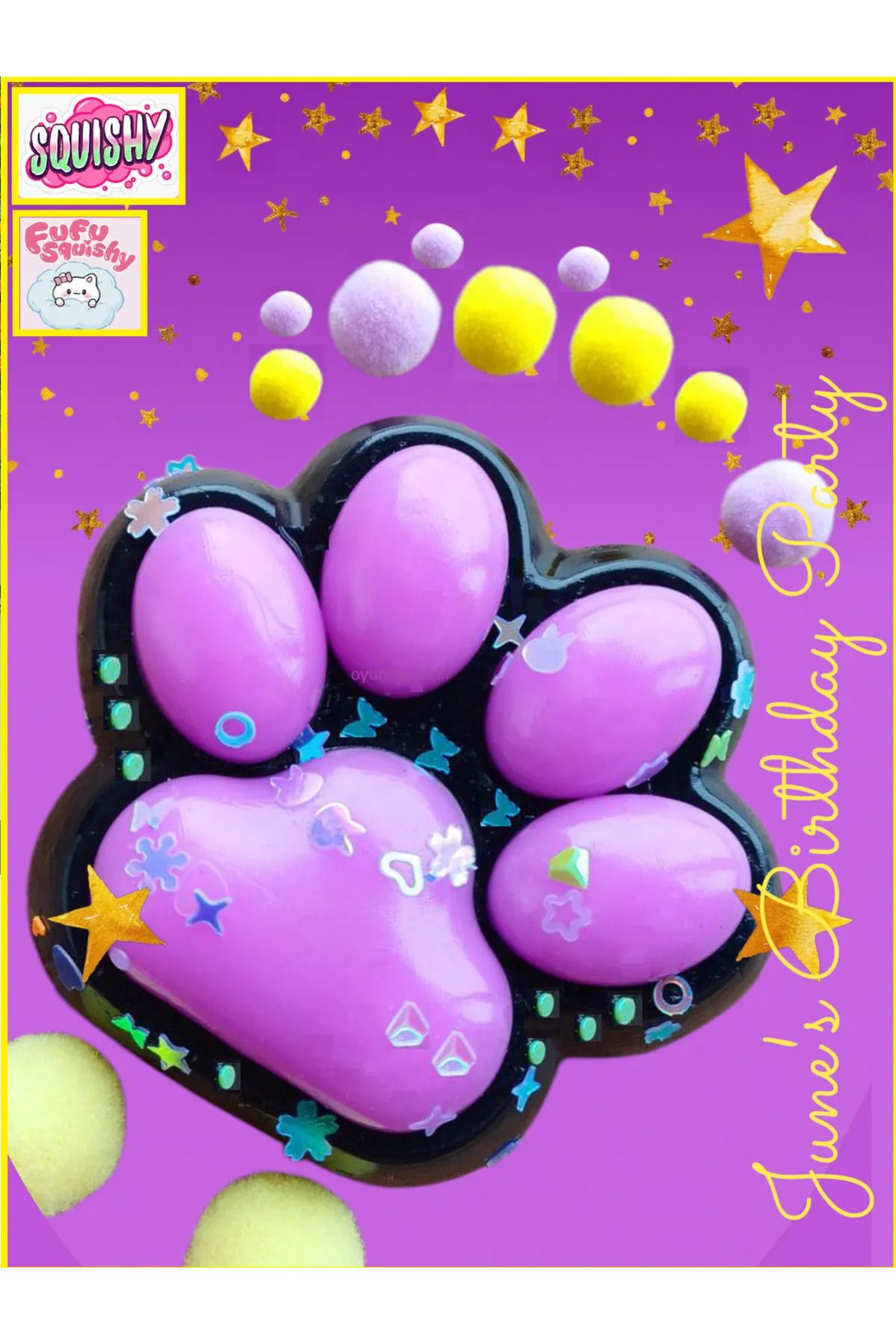 OYUNCAKSAHİLİ Fufu Squishy Kedi Patisi Simli Yıldız Boncuk Set Lila Sukuşi Oyuncak Pati Esnek Uzayan Skuşi