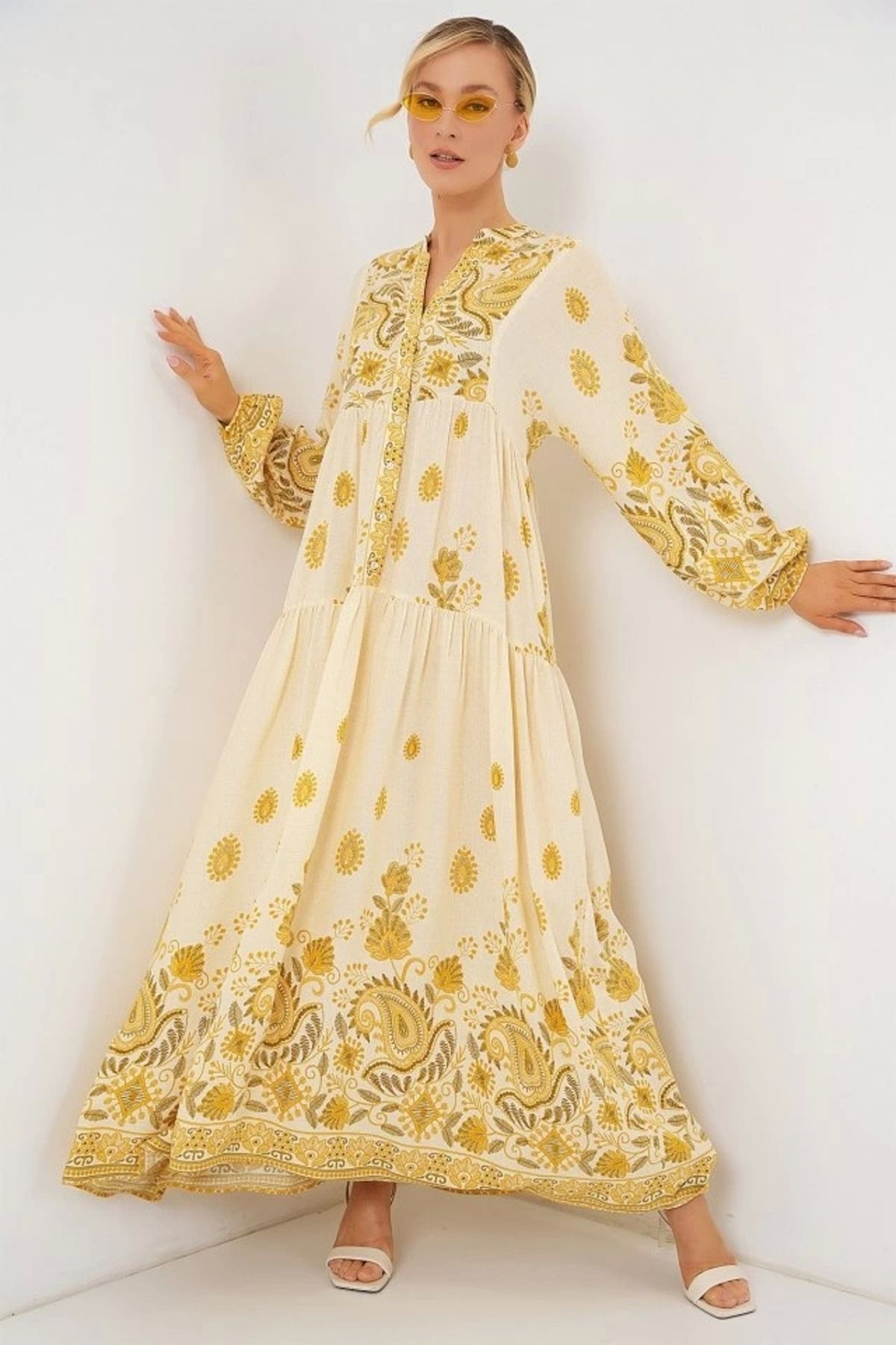 Butik 2423 Otantik Desenli Tesettür Elbise - Y.Sarı