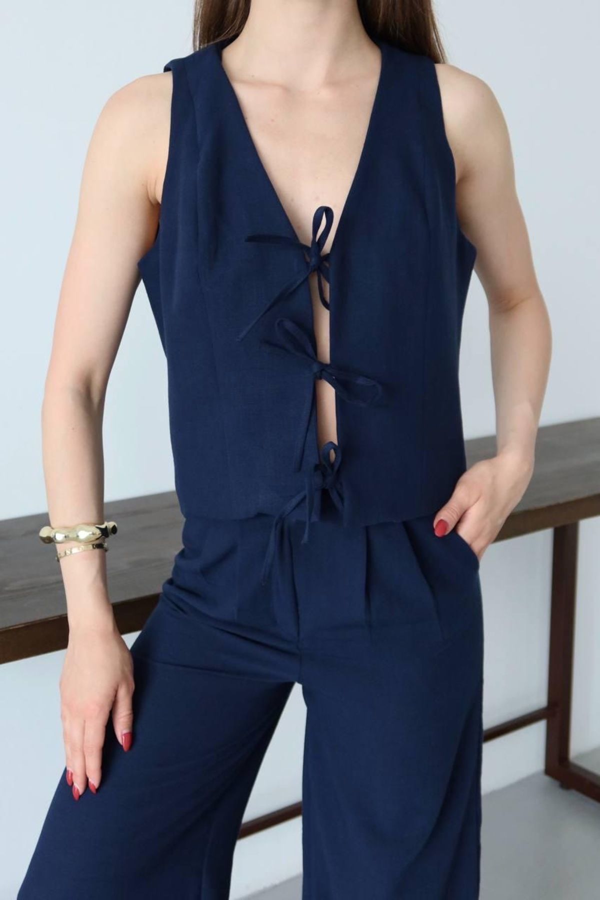 Ekim Store Bağcıklı Keten Yelekli Pantolonlu İkili Takım