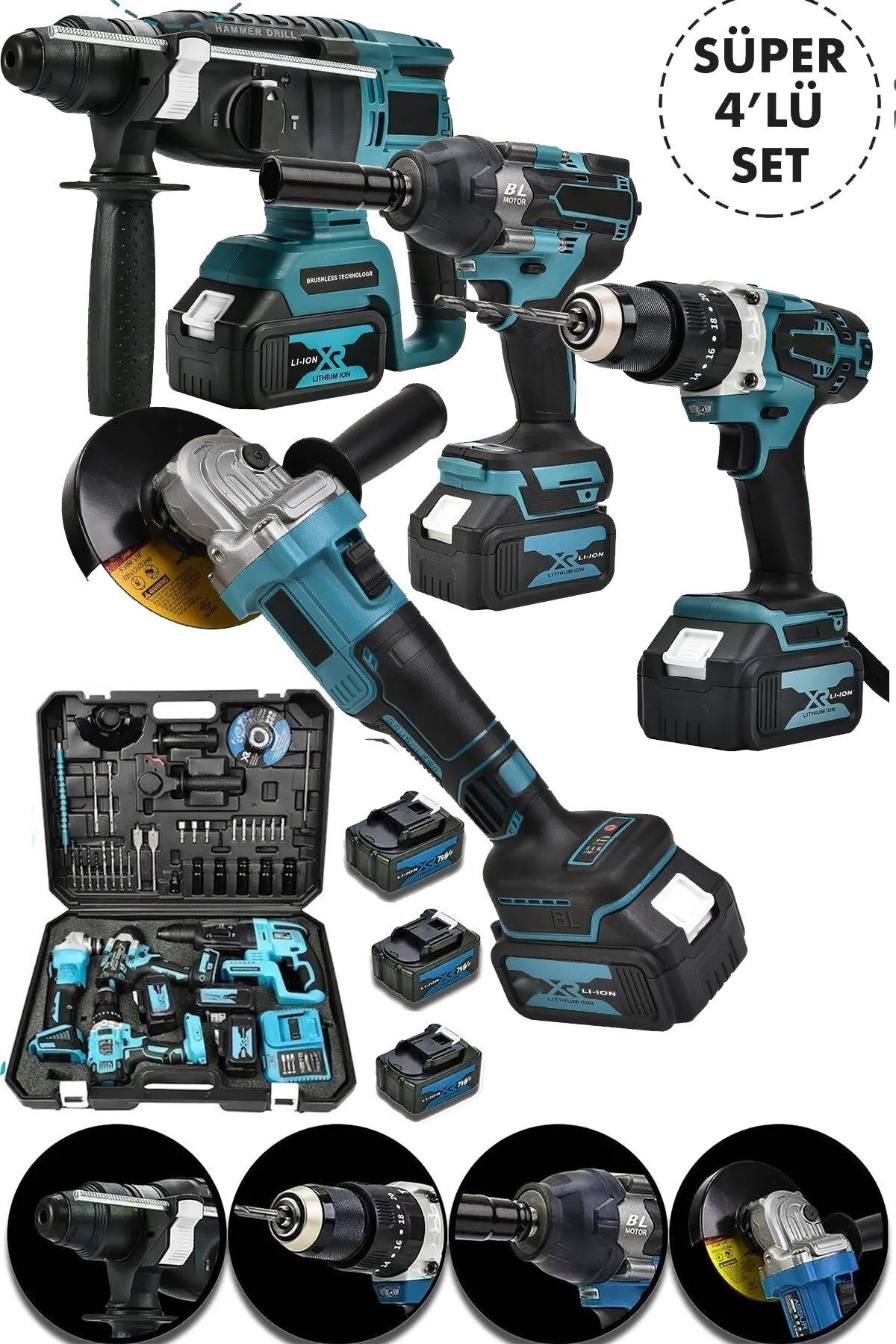 MoonTech Pro 4 lü Set Şarjlı Kömürsüz Motor Matkap Vidalama-Kırıcı Delici Hılti-Taşlama-Somun Sökme Makinesi