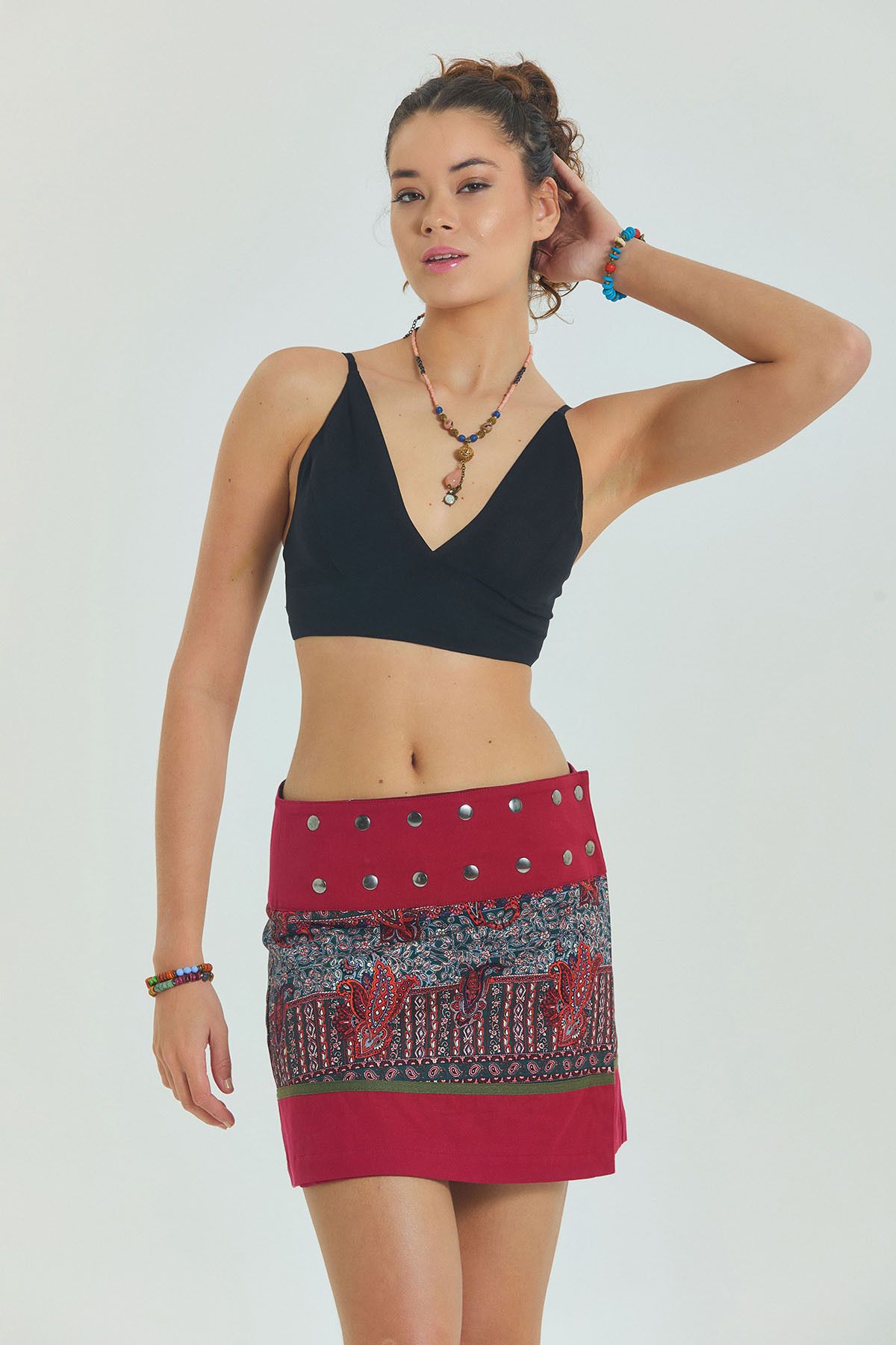 Los banditos-Patchwork Wrap Mini Skirt with Snap Closure 2