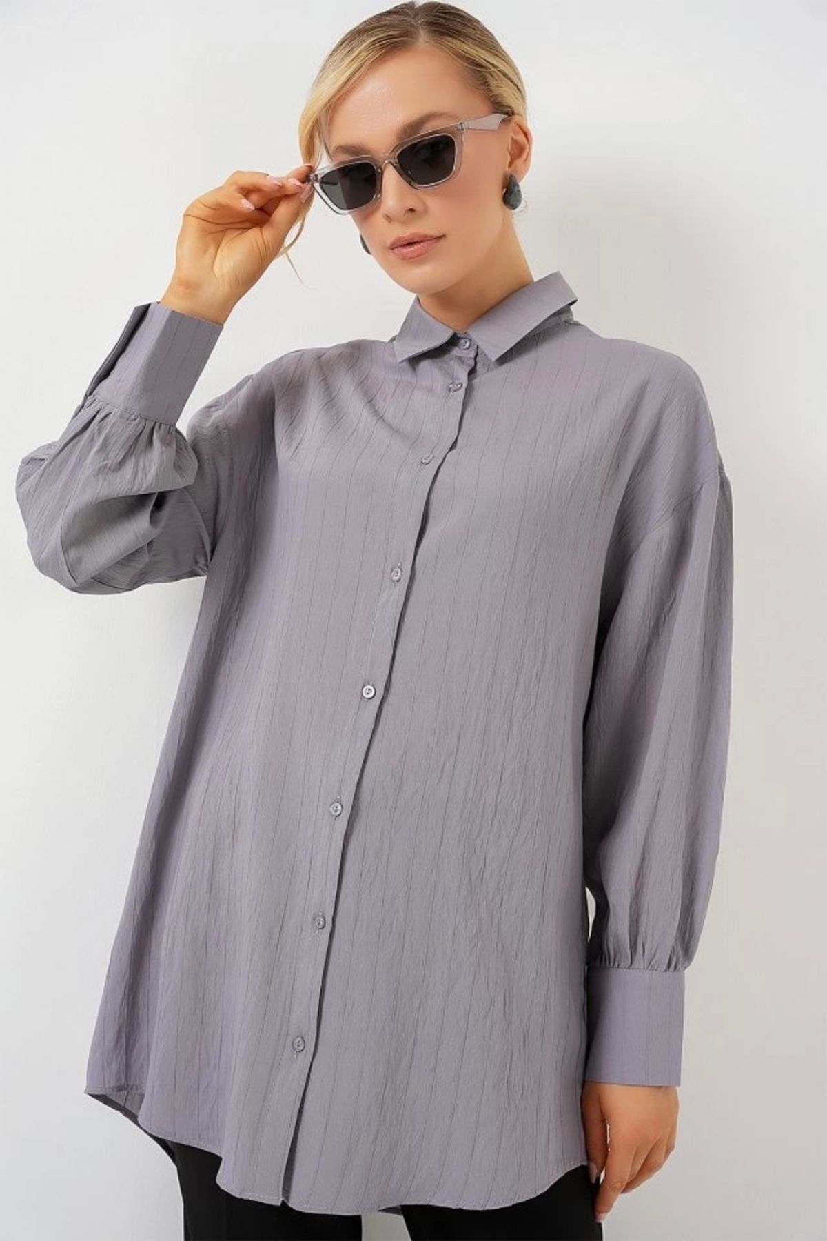 Butik Çizgili Uzun Gömlek Tunik 5963 - Gri