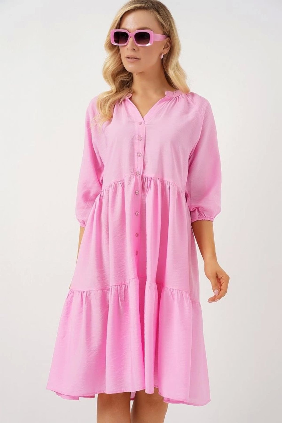 Butik Düğmeli Kısa Kol Elbise 2559 - Pembe