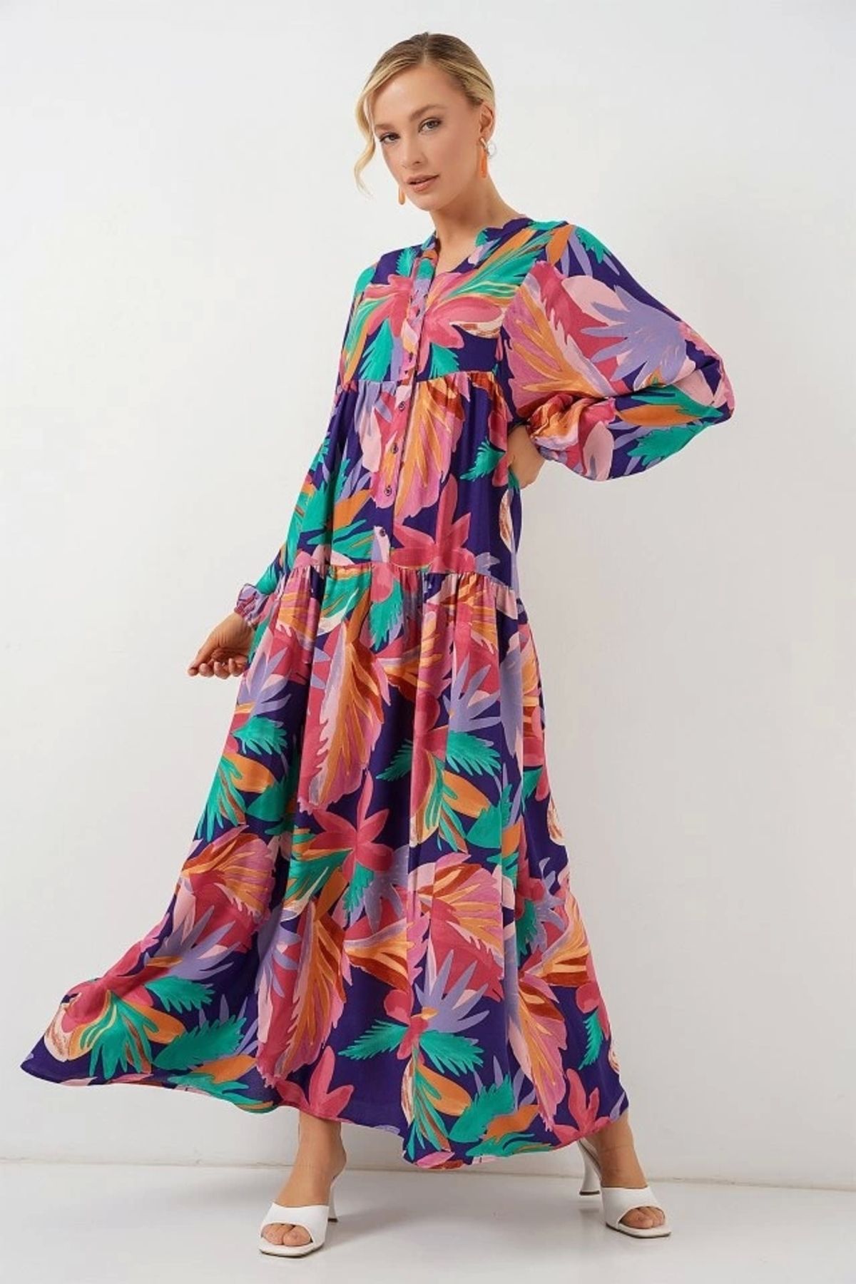 Butik 2423 Otantik Desenli Tesettür Elbise - A.Pudra
