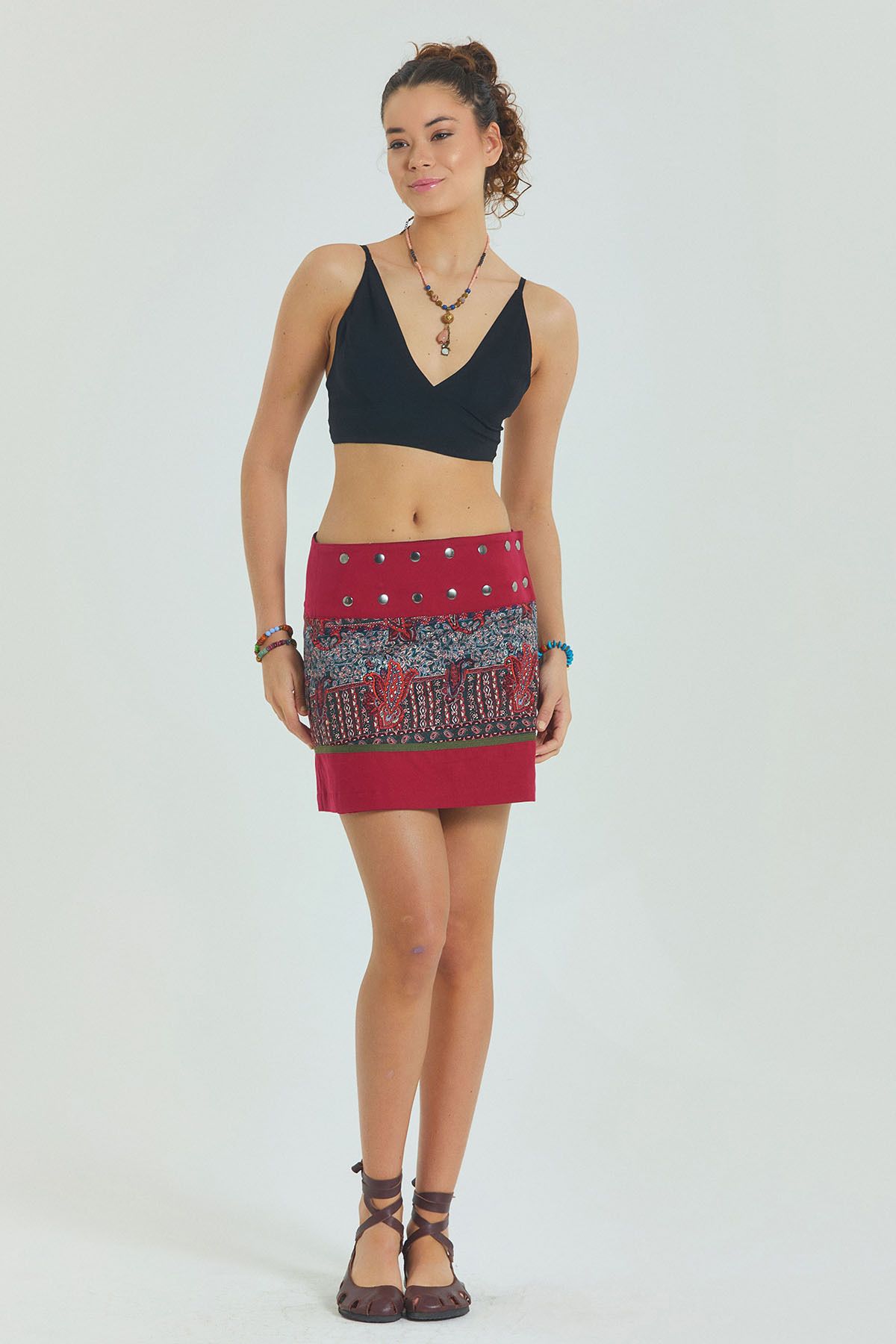 Los banditos-Patchwork Wrap Mini Skirt with Snap Closure 6