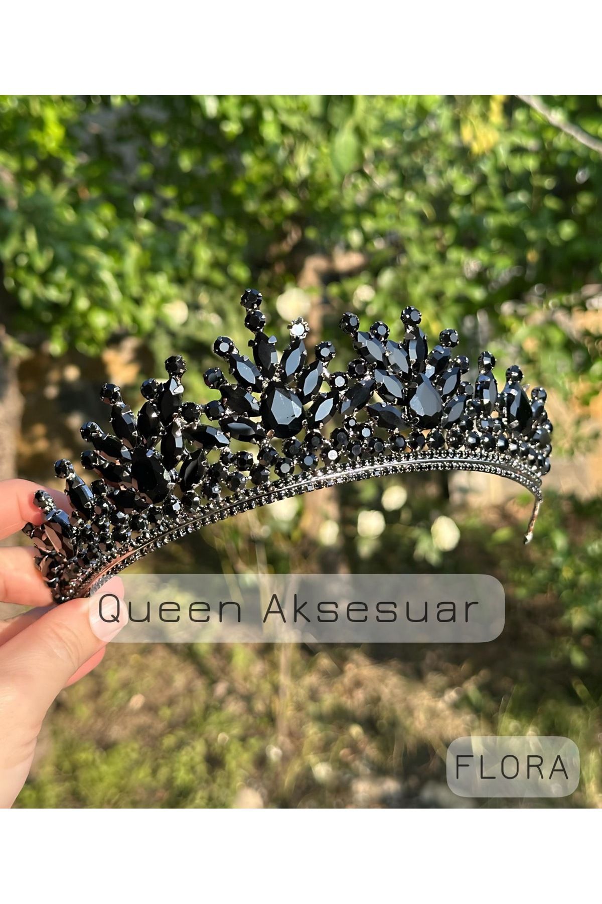 QUEEN AKSESUAR Flora oniks siyah kristal taşlı lüks tasarım nişan gelin tacı metal taç tepeli otantik motifli
