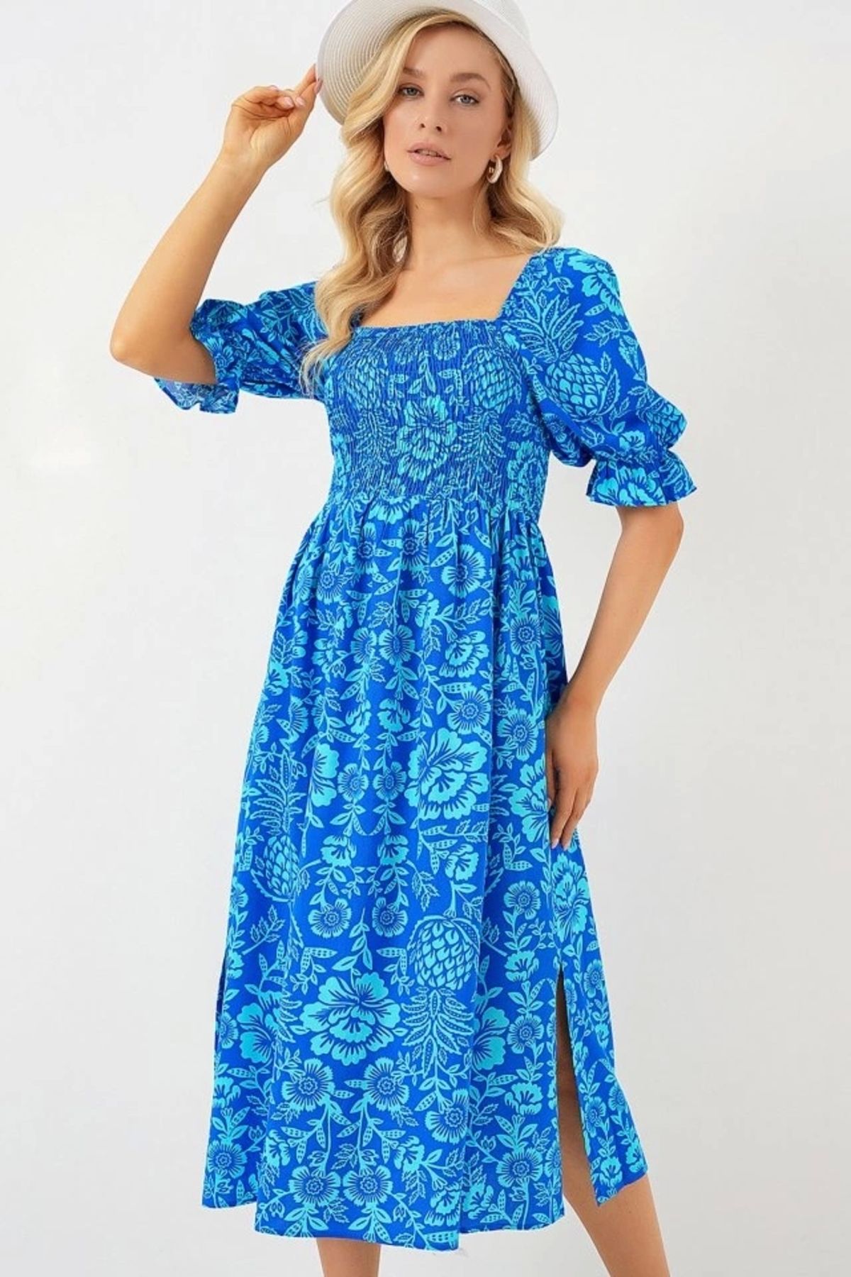Butik 2512 Desenli Yırtmaçlı Elbise - Mavi