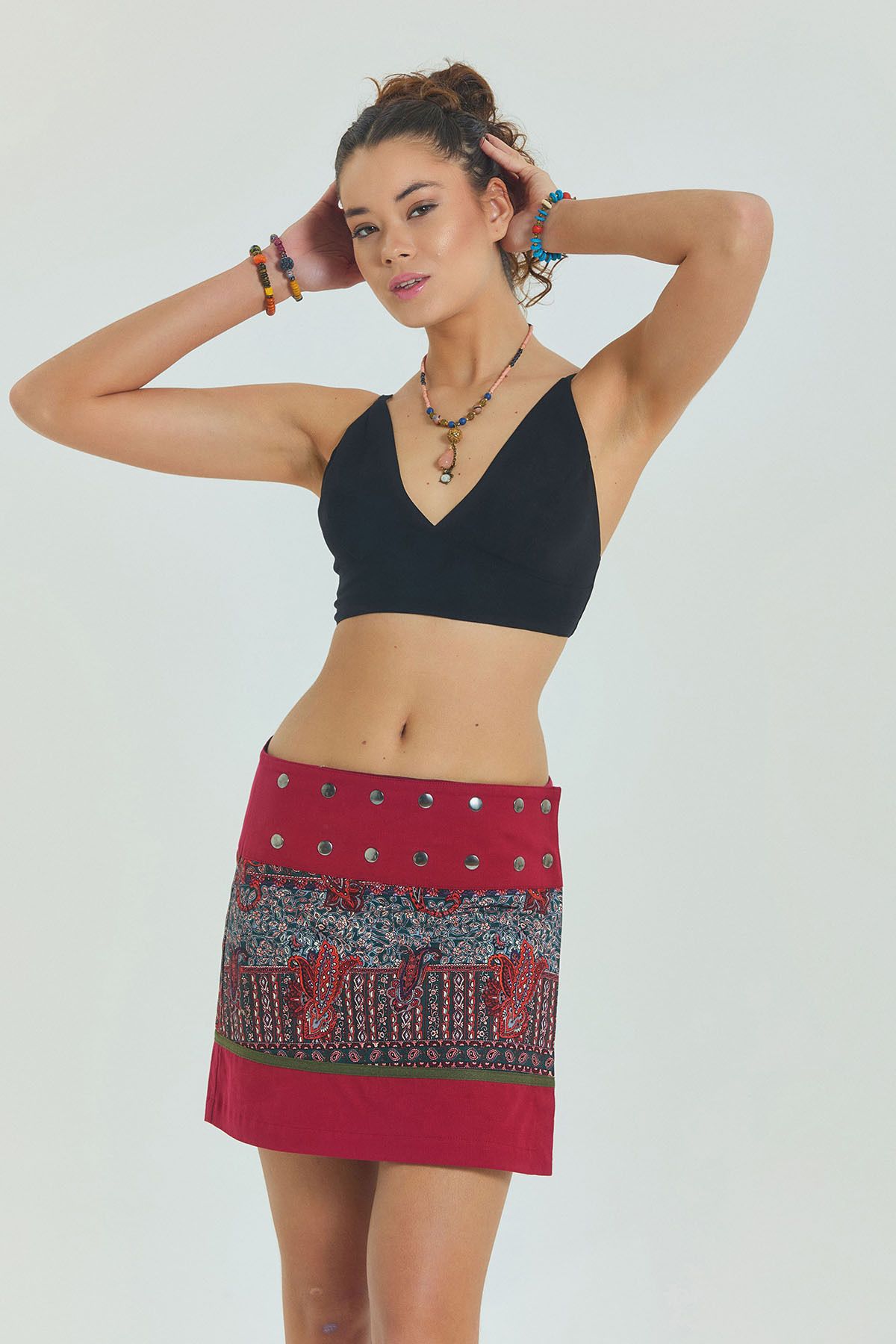 Los banditos-Patchwork Wrap Mini Skirt with Snap Closure 4