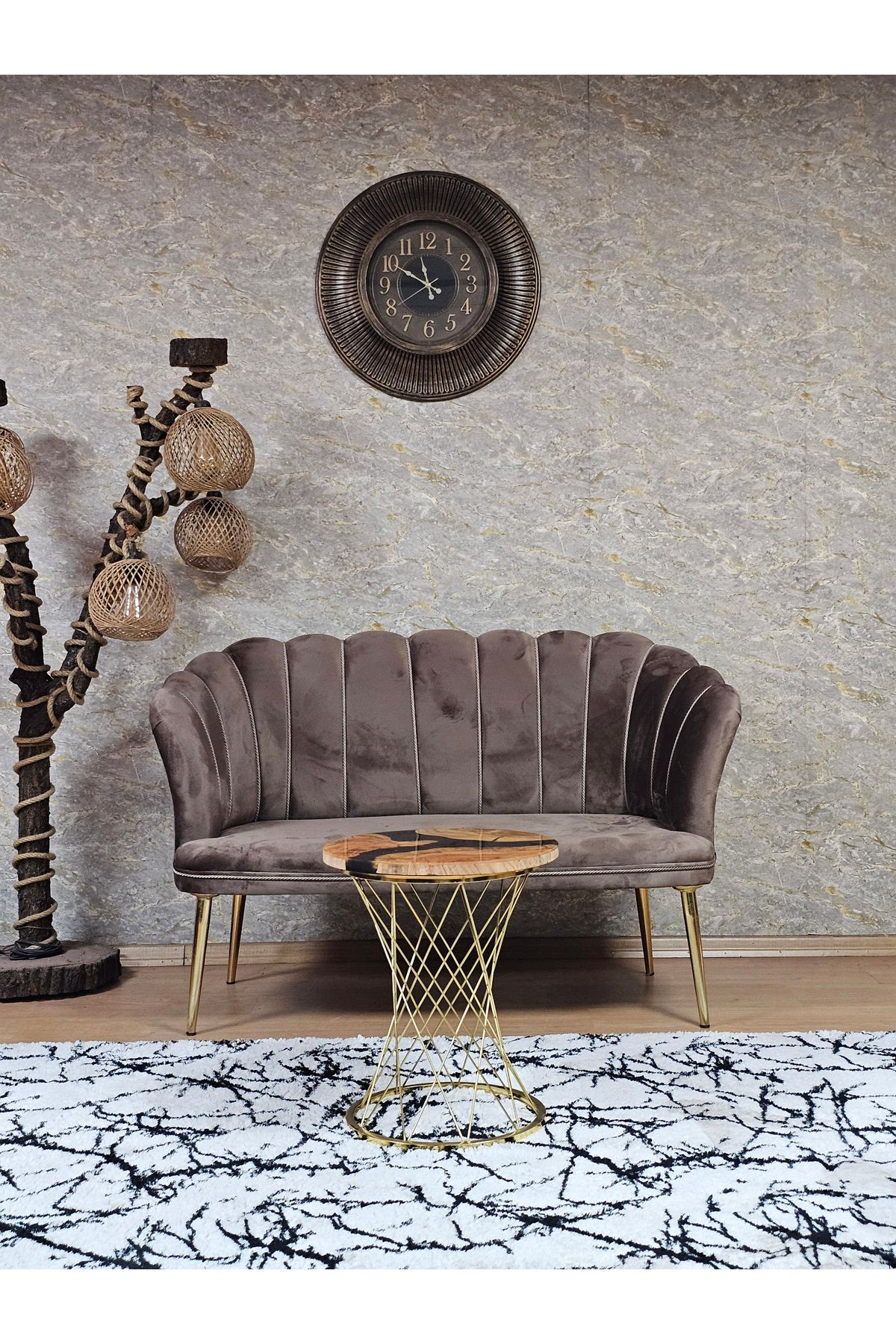 SEVİNÇ MOBİLYA Gold Sivriltme Ayaklı Papatya Çay Seti Balkon Koltugu 2li Çay Seti Koltuk