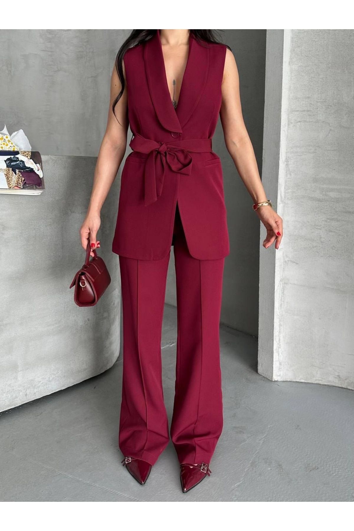 Ekim Store Kalın Kuşaklı Yelekli Pantolonlu İkili Blazer Takım