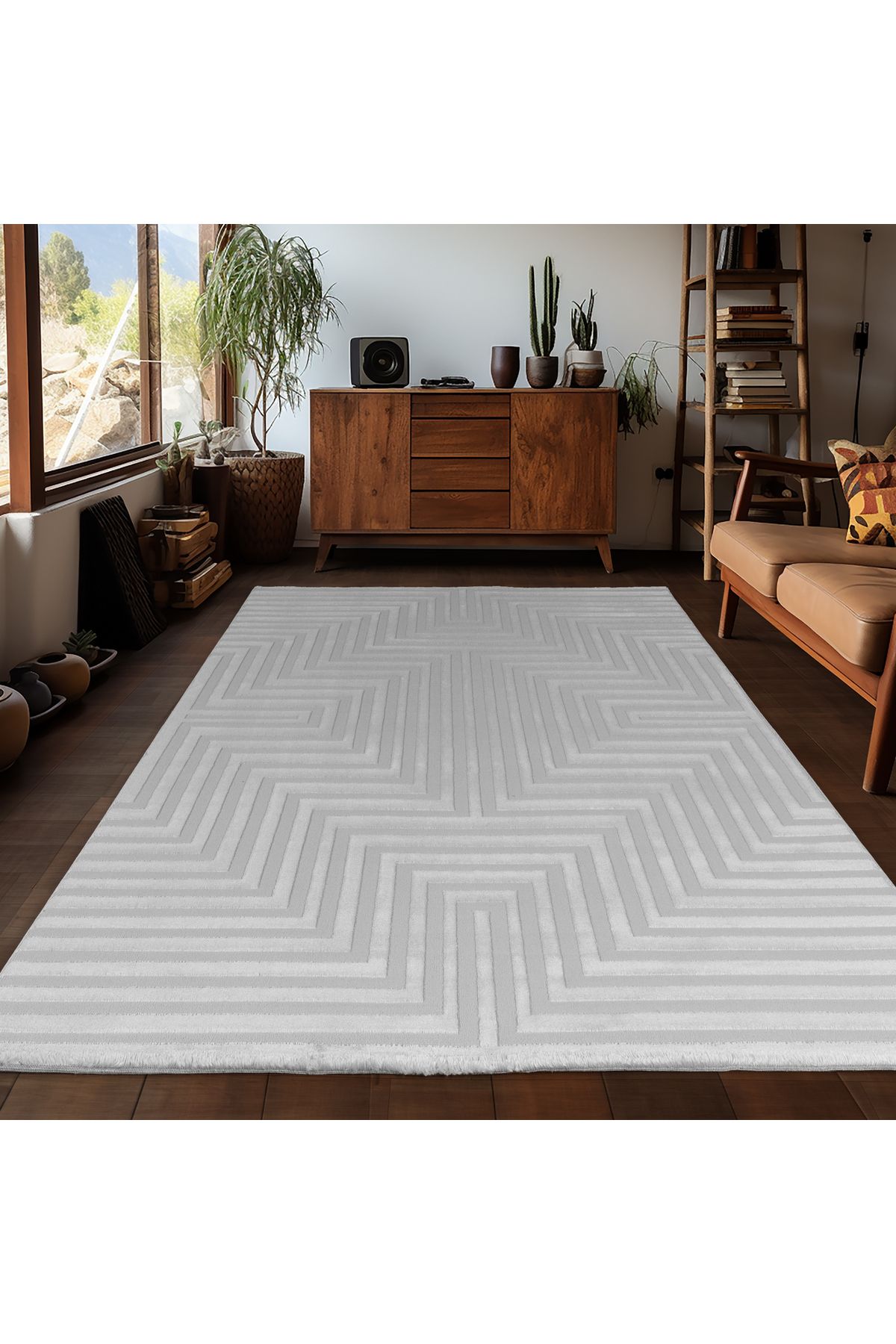 Karpetica Kabartma Motif Çizgi Desenli Salon Halısı İskandinav Bohem tarzı yumuşak Gümüş Dokuma Halı