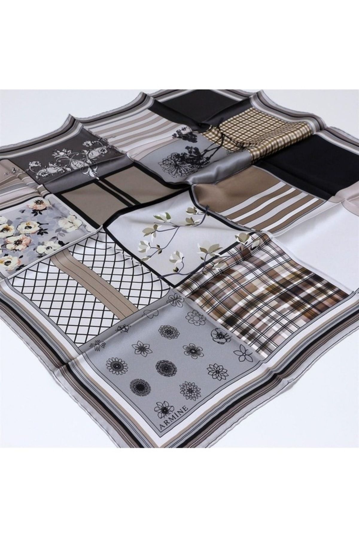 Armine Nostalji Serisi İpek Twill Eşarp 8303D-34 Geometrik Desen GRİ-KREM