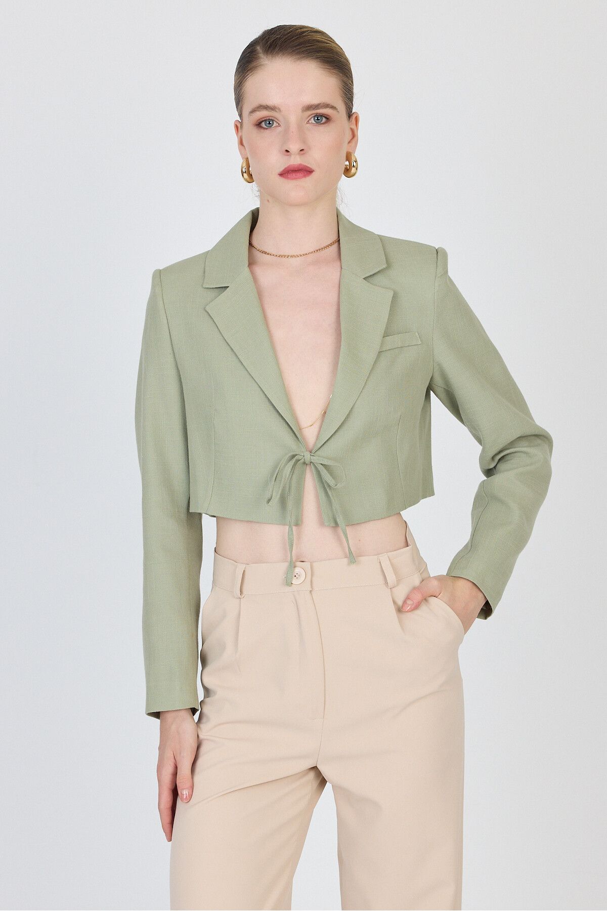 Rays Olive Yeşili Keten Görünümlü %100 Pamuk Bağlama Detaylı Crop Blazer Ceket 7070