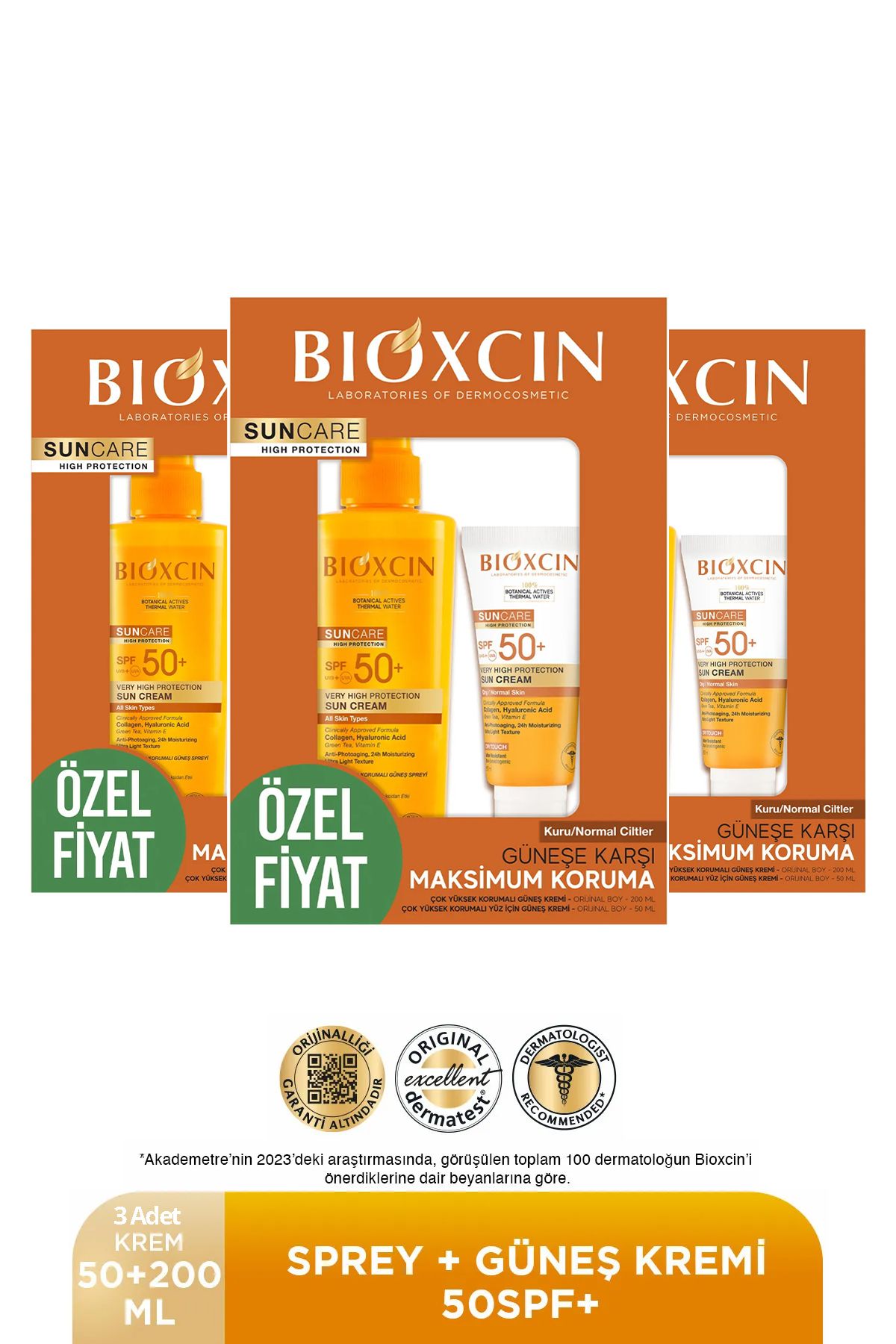 Bioxcin Sun Care Spf 50 Yüz Güneş Kremi 50 ml Kuru ve Normal Cilt + Vücut Güneş Spreyi 200 Ml 3 adet