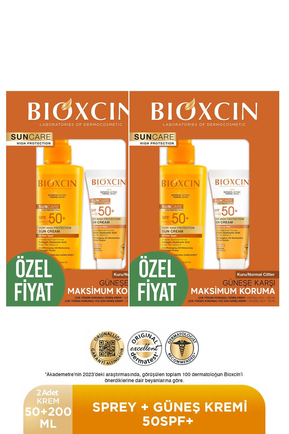 Bioxcin Sun Care Spf 50 Yüz Güneş Kremi 50 ml Kuru ve Normal Cilt + Vücut Güneş Spreyi 200 Ml 2 adet