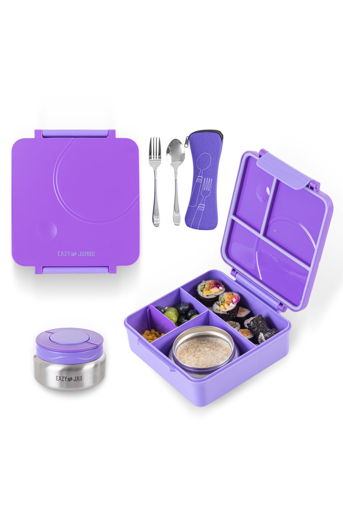 Eazy Kids Jumbo Bento Lunch Box Set w/ Steel Food Jar, Ice Pack and Insulated Lunch Bag – Purple