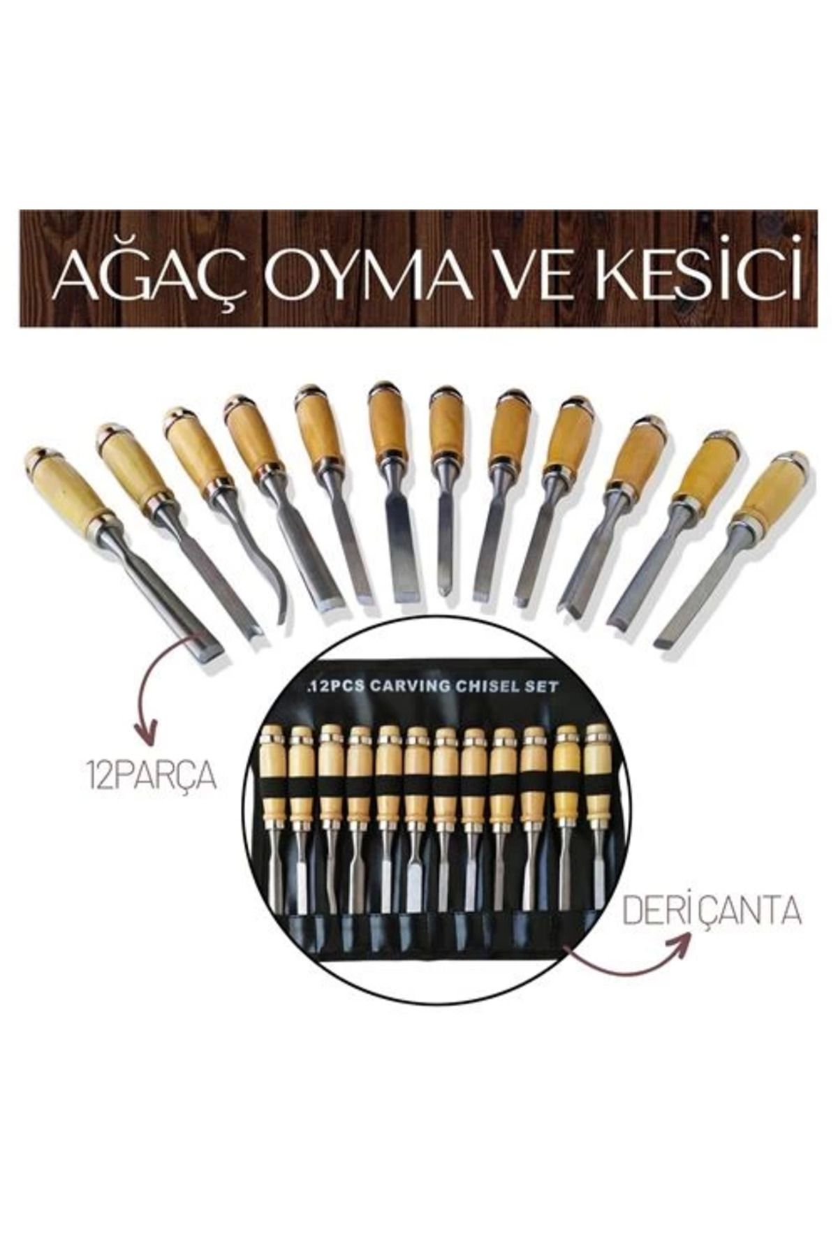 NZM TİCARET Elena 12 Parça Çantalı Ağaç Oyma Ve Kesici Set