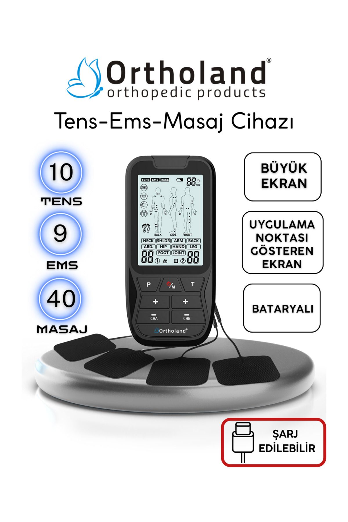Ortholand 2 Kanallı Bataryalı Tens Ems Masaj Cihazı Portatif Fizik Tedavi Cihazı Şarj Edilebilir