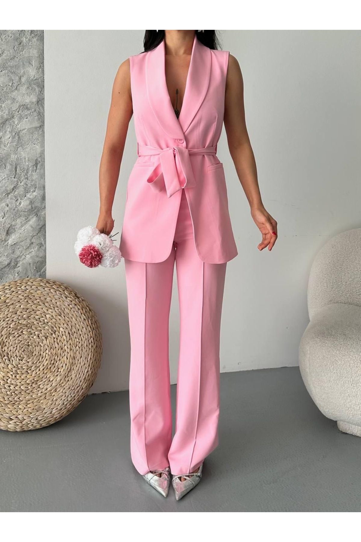 Ekim Store Kalın Kuşaklı Yelekli Pantolonlu İkili Blazer Takım