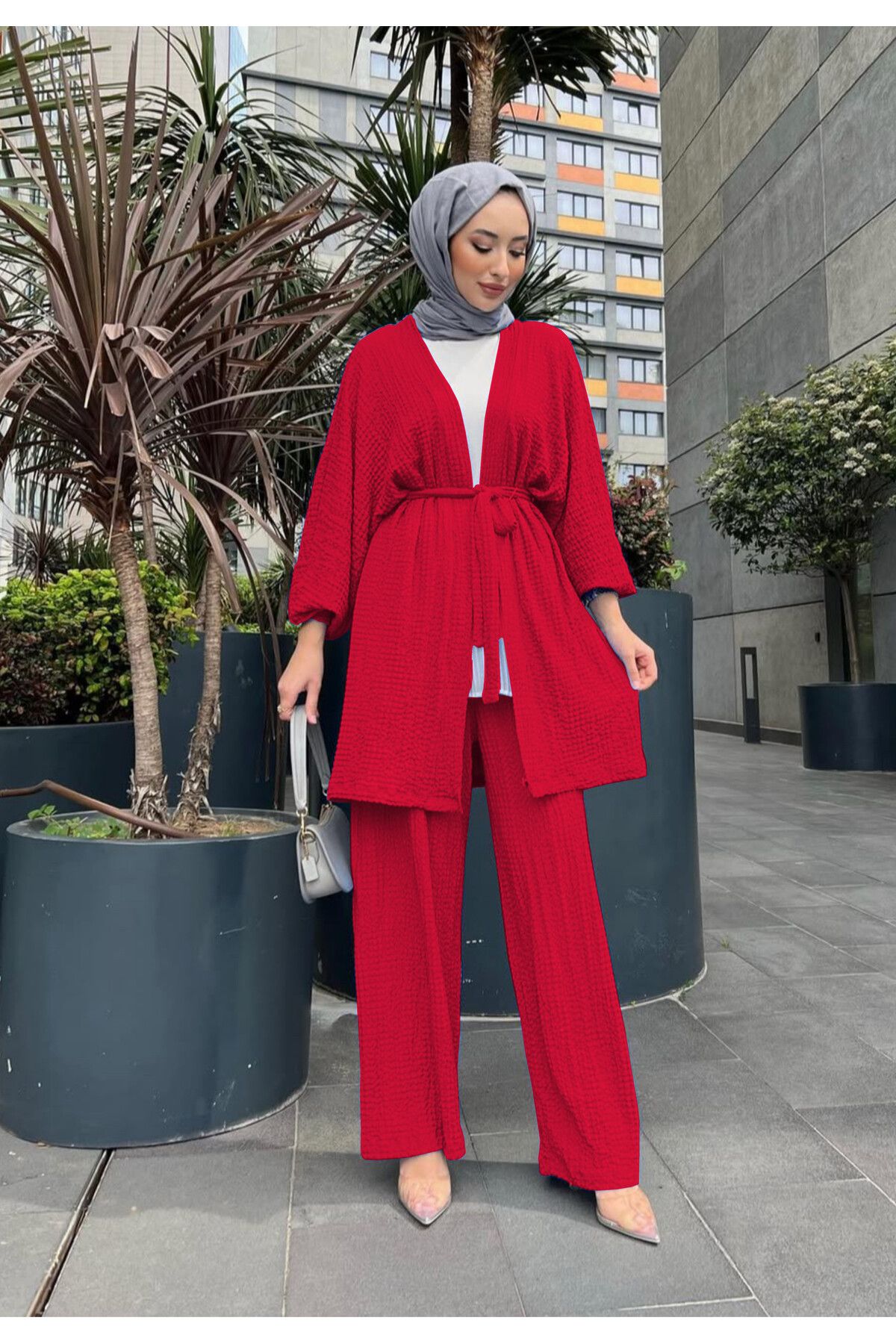 NİSUM MODA Gofre Dokulu Kuşaklı Hırka ve Pantolon İkili Takım