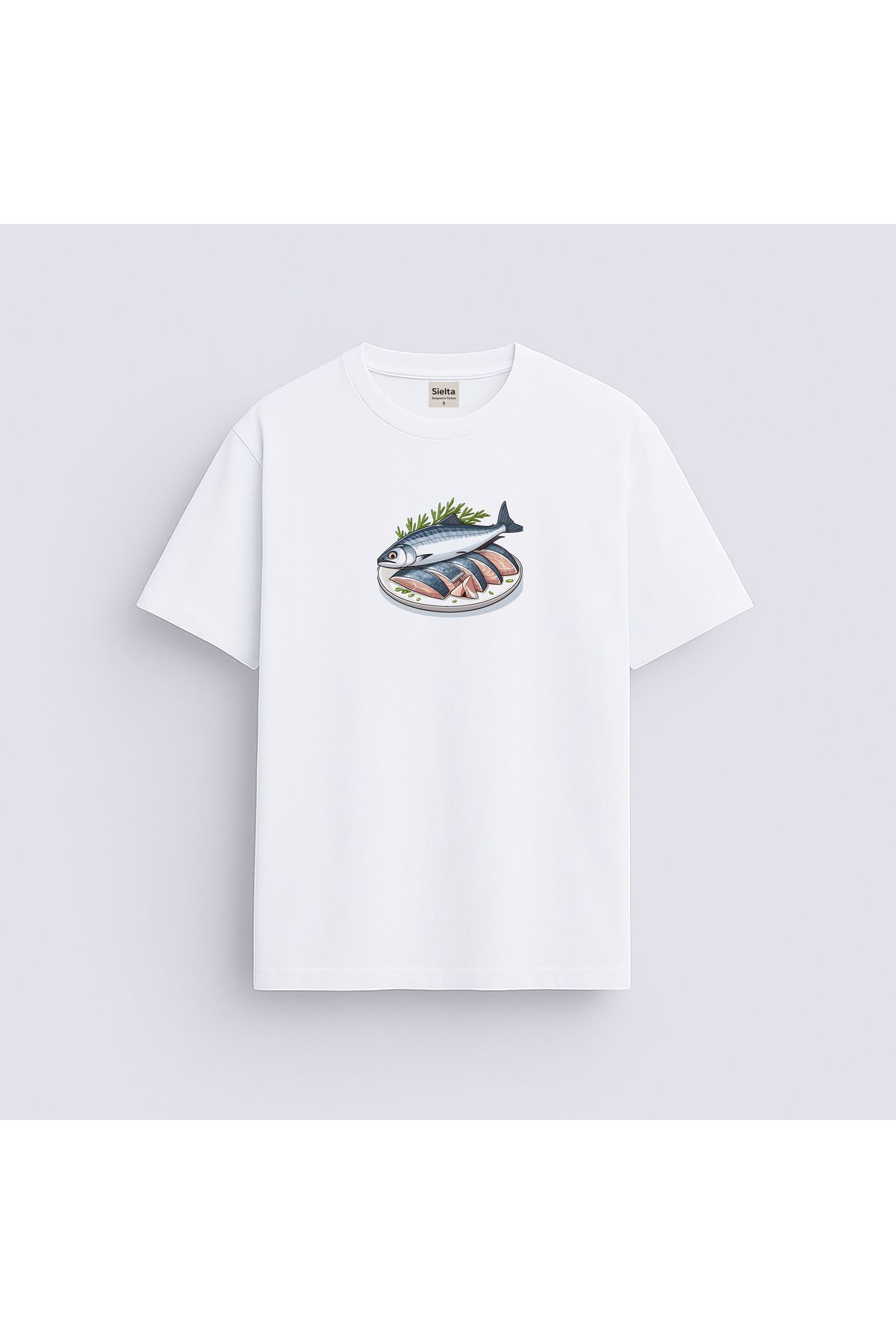 sielta Balık Baskılı Unisex Kadın Erkek Bisiklet Yaka T-shirt Tişört