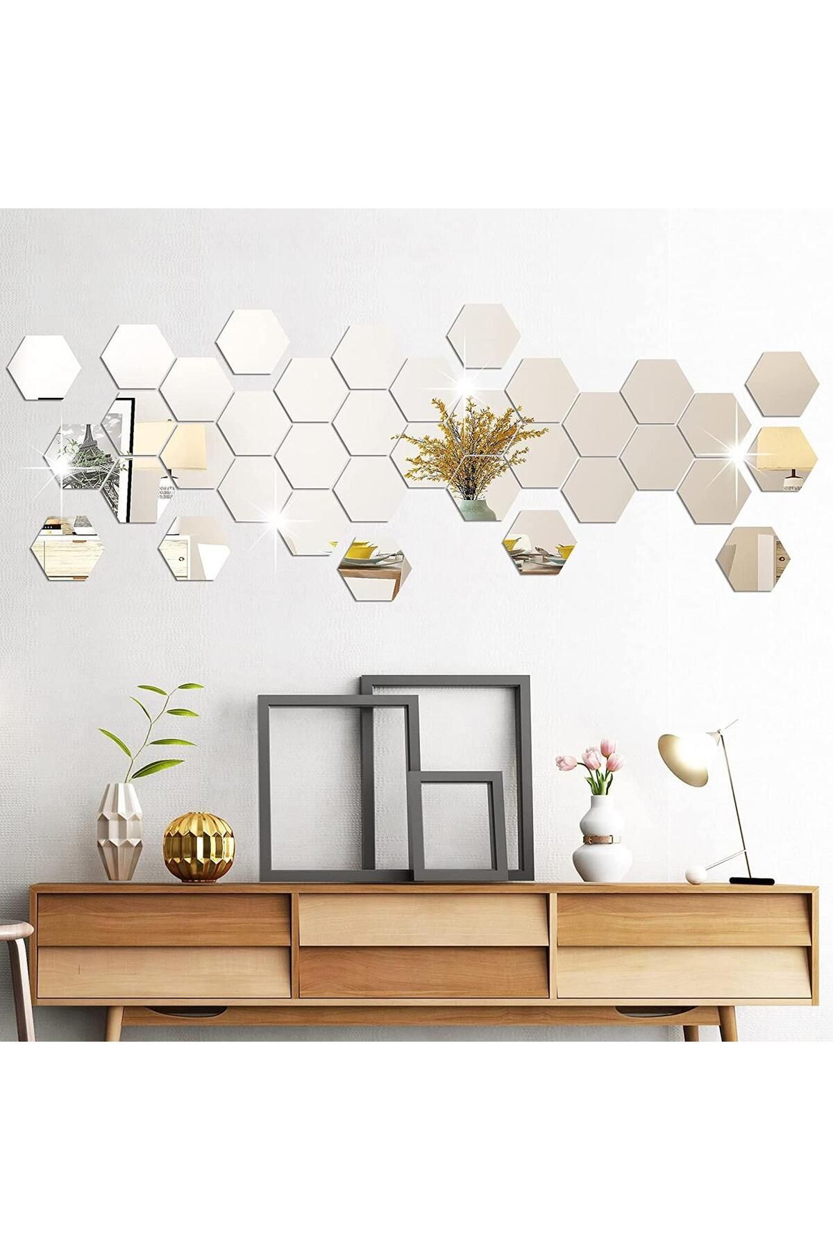 OEM-Set de 32 de oglinzi acrilice autoadezive, model hexagonal, 18,5x16x9,3 cm, argintii 9
