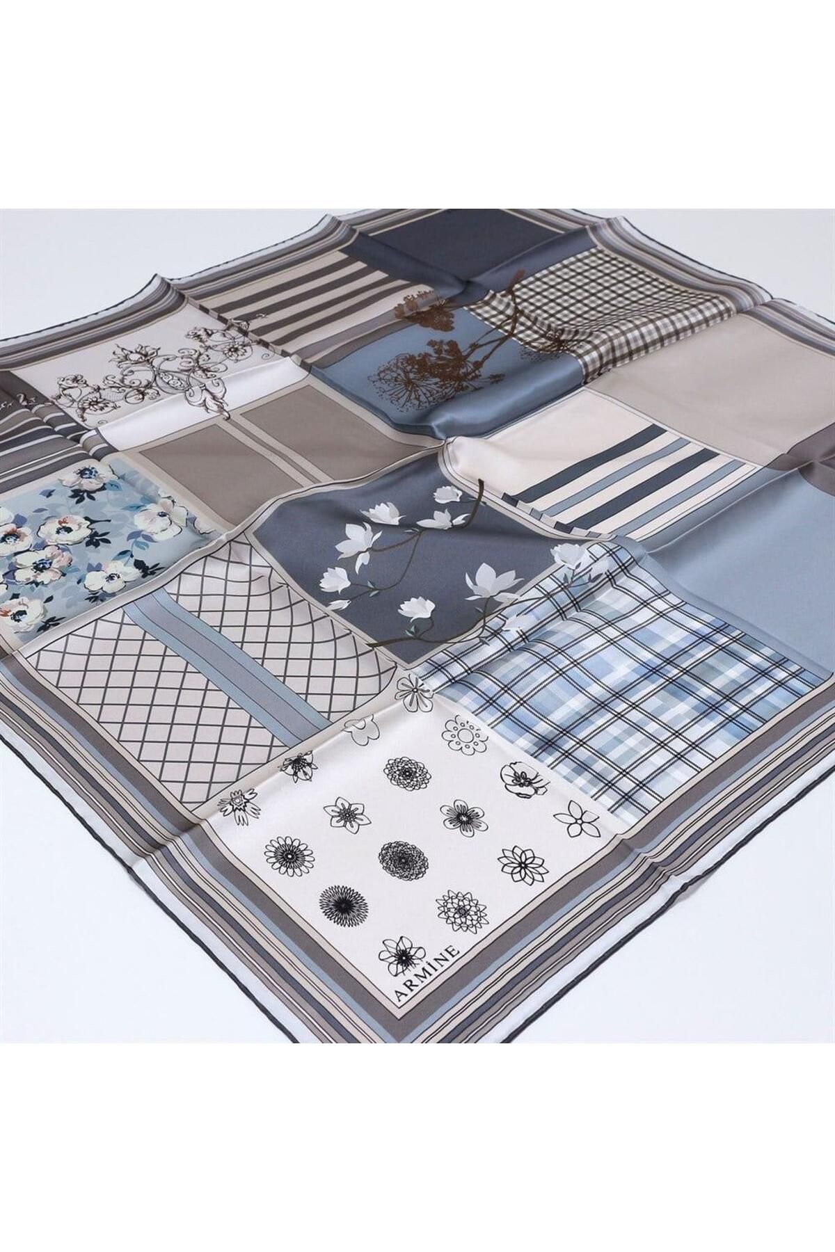Armine Nostalji Serisi İpek Twill Eşarp 8303D-02 Geometrik Desen KREM-İNDİGO