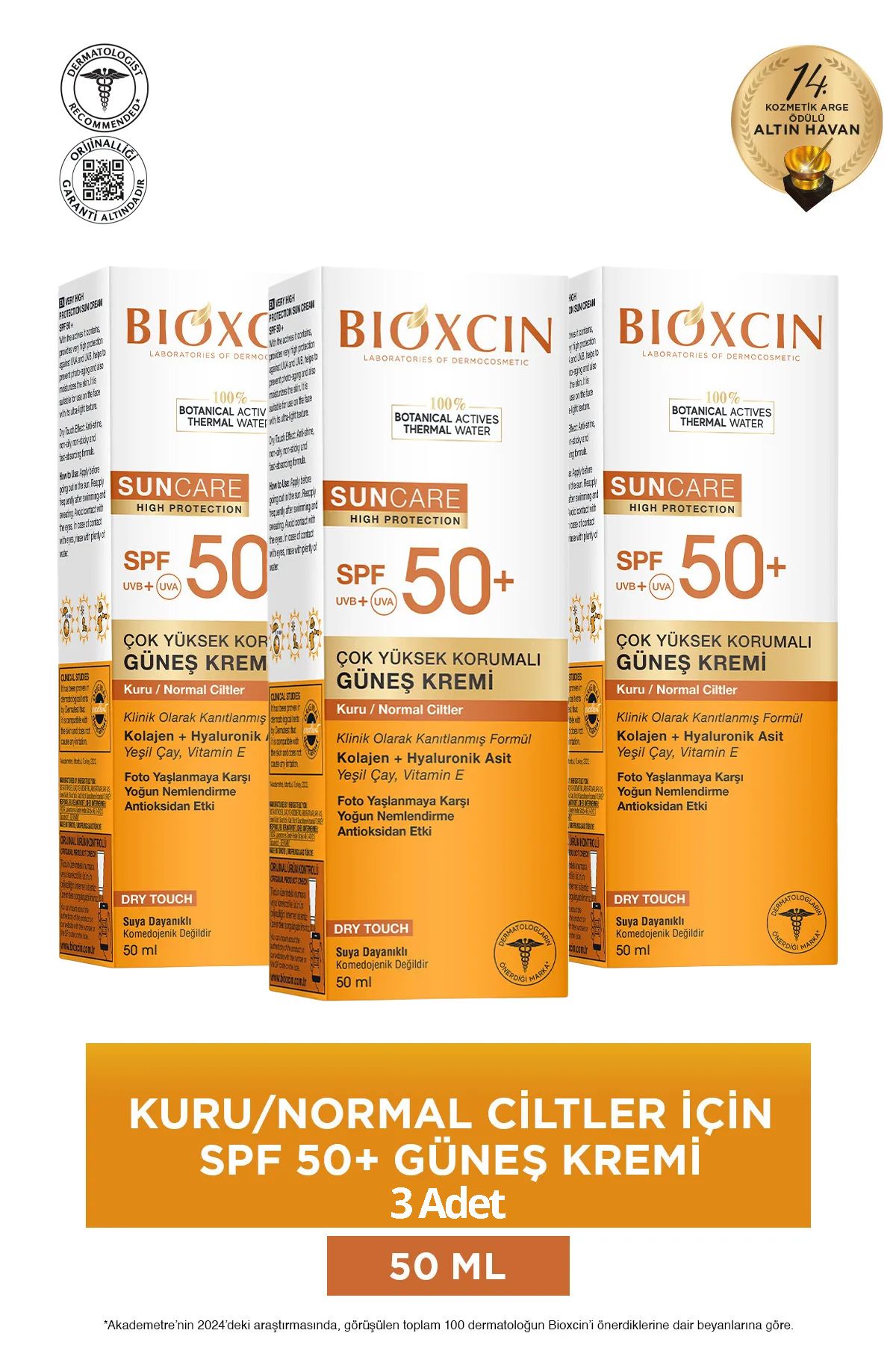 Bioxcin Sun Care Spf50 Çok Yüksek Korumalı Güneş Kremi 50 ml Kuru/Normal Cilt-Kolajen Hyaluronik Asit 3 adet
