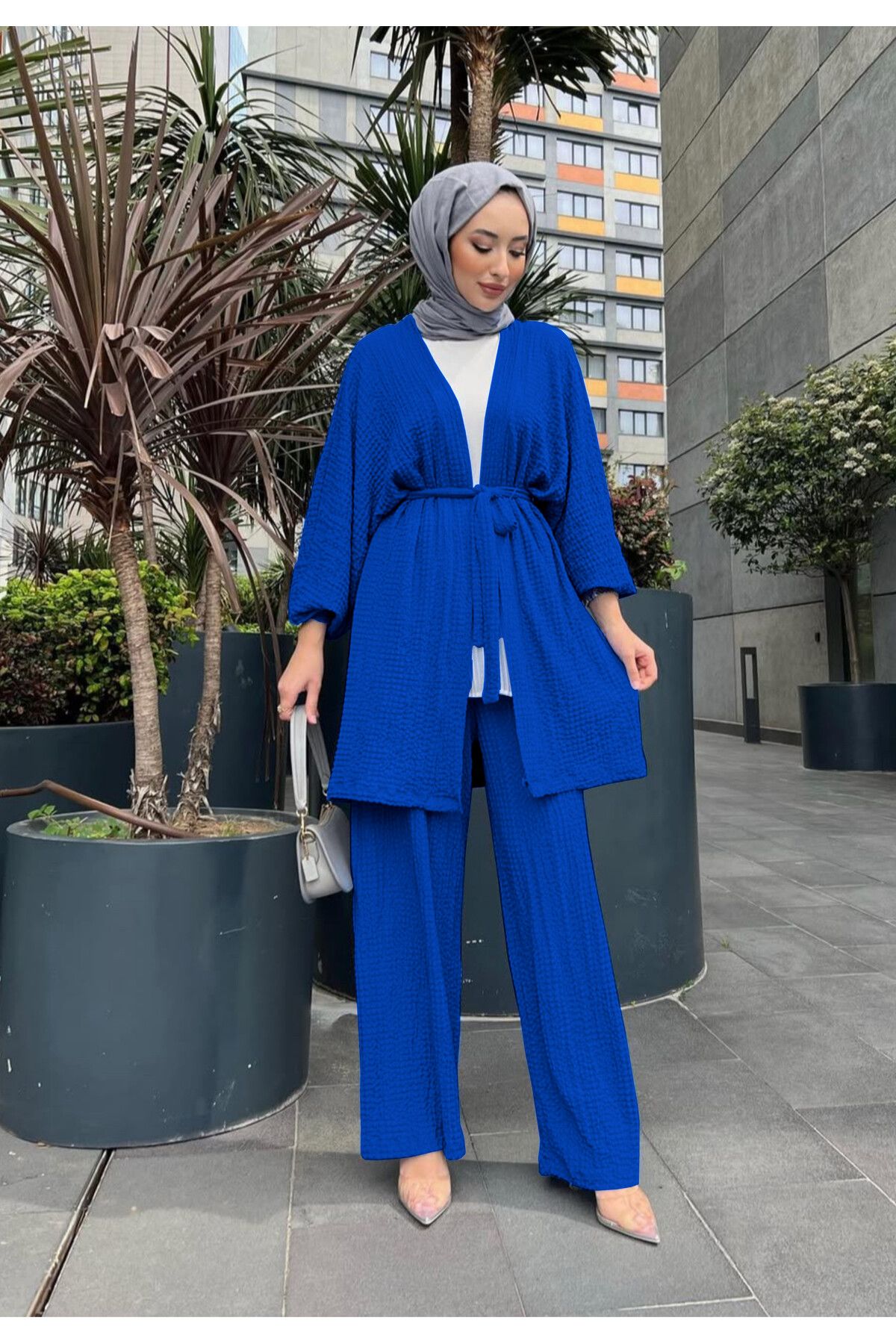 NİSUM MODA Gofre Dokulu Kuşaklı Hırka ve Pantolon İkili Takım