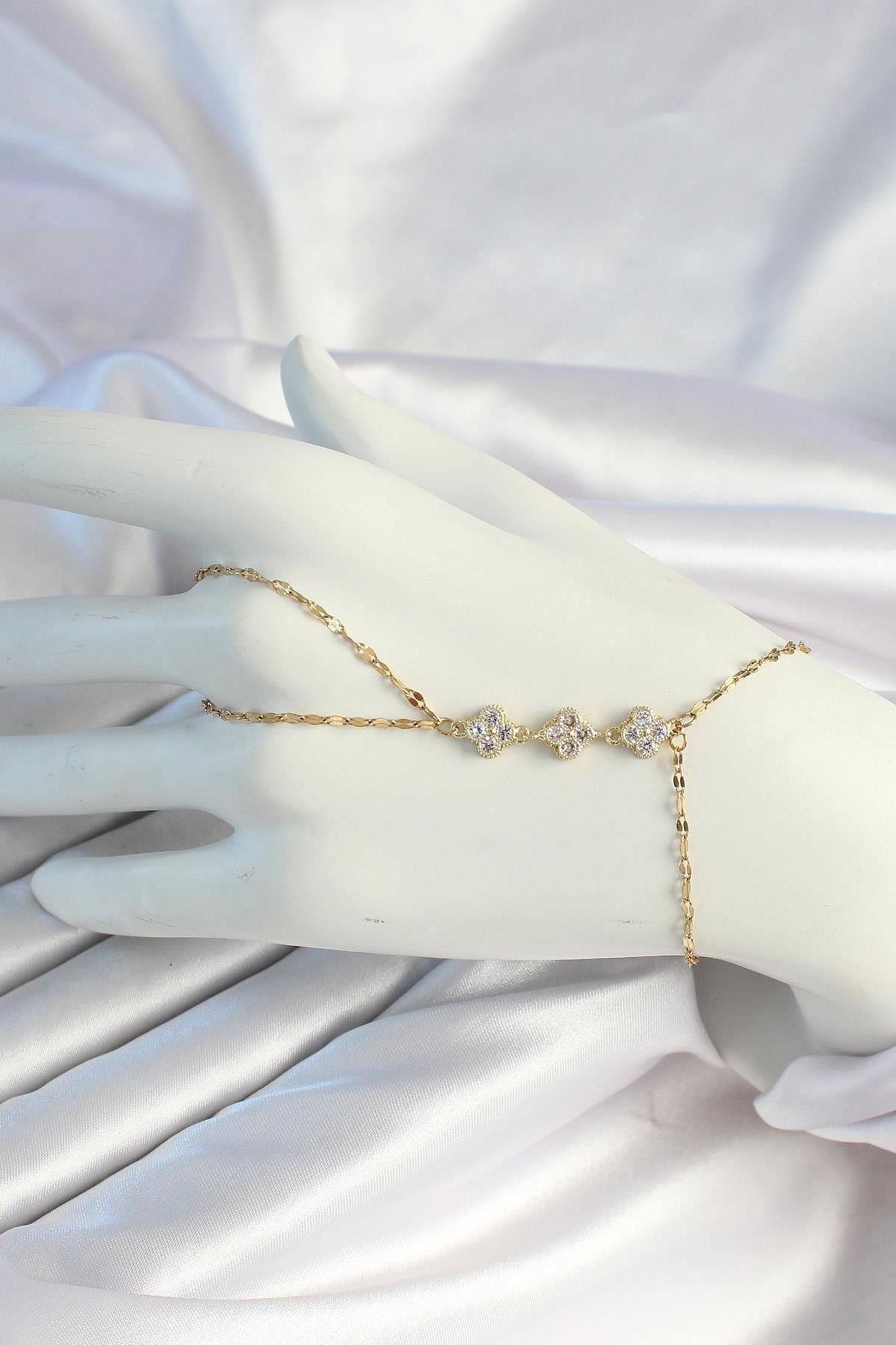 Celira Çelik Zincirli Gold Renk Yonca Zirkon Taşlı Şahmeran