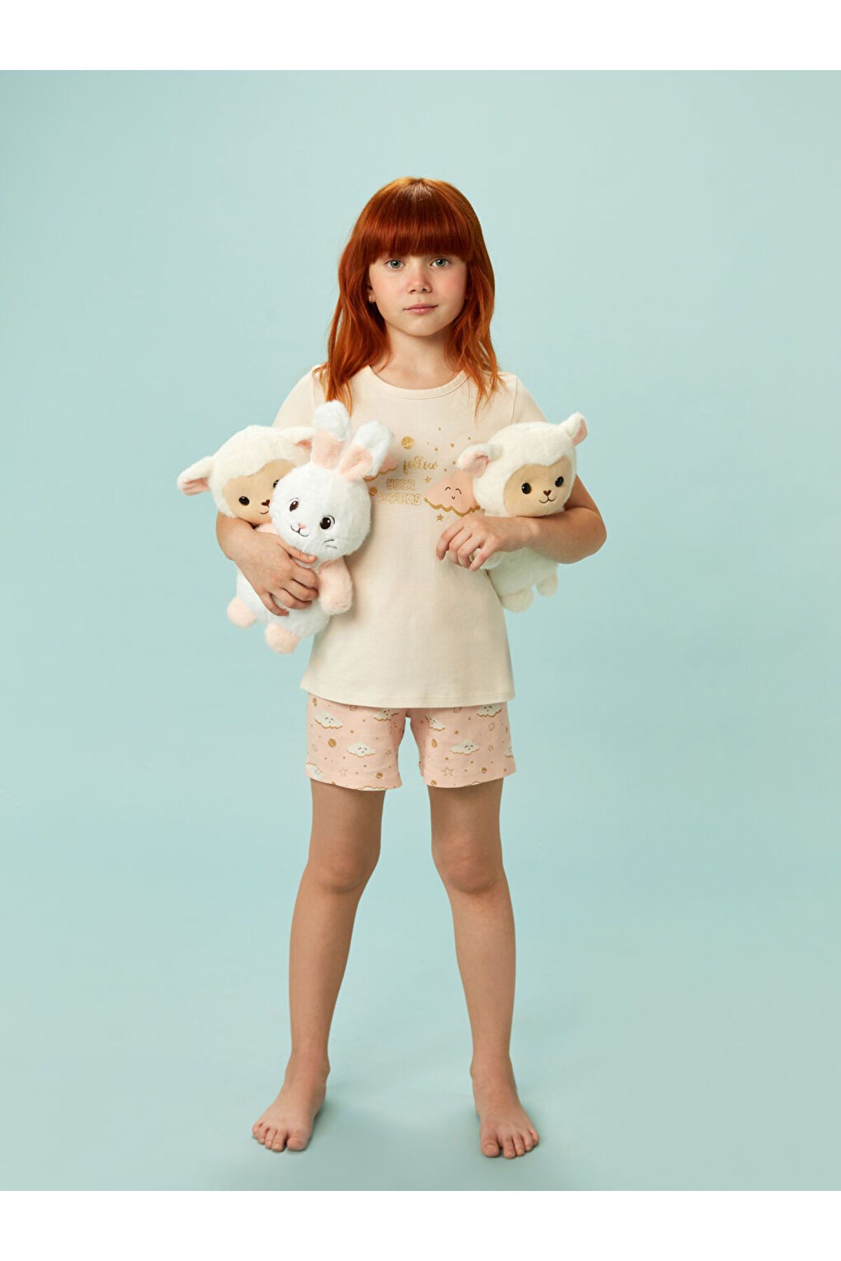LC Waikiki LCW Kids Ekru Bisiklet Yaka Kız Çocuk Şortlu Pijama Takımı