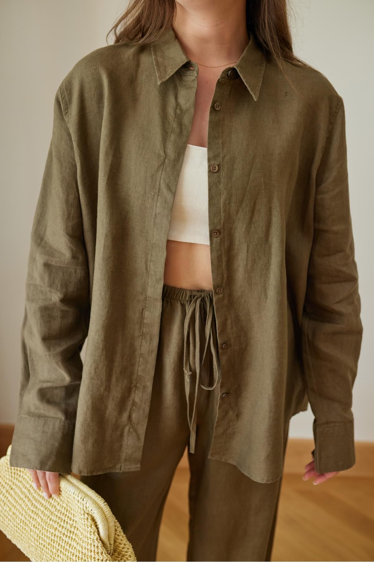 Askı Tekstil Haki Oval Kesim Oversize Keten Gömlek