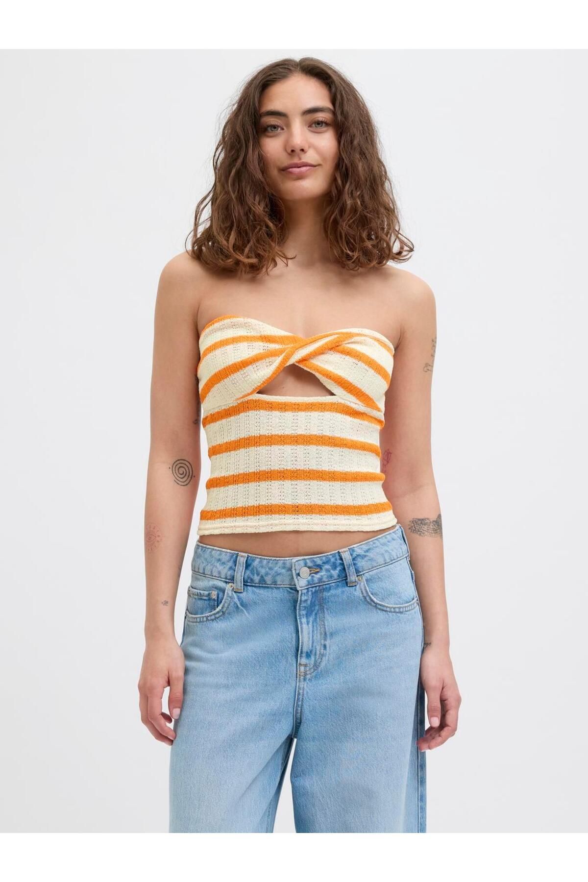 Jack & Jones Kadin Çizgili Straplez Bluz - Linnea