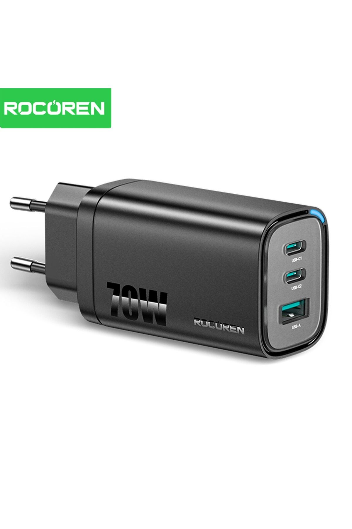 Rocoren 70W GaN Şarj Cihazı Type-C ve USB-A 3-Portlu Hızlı Şarj Aleti
