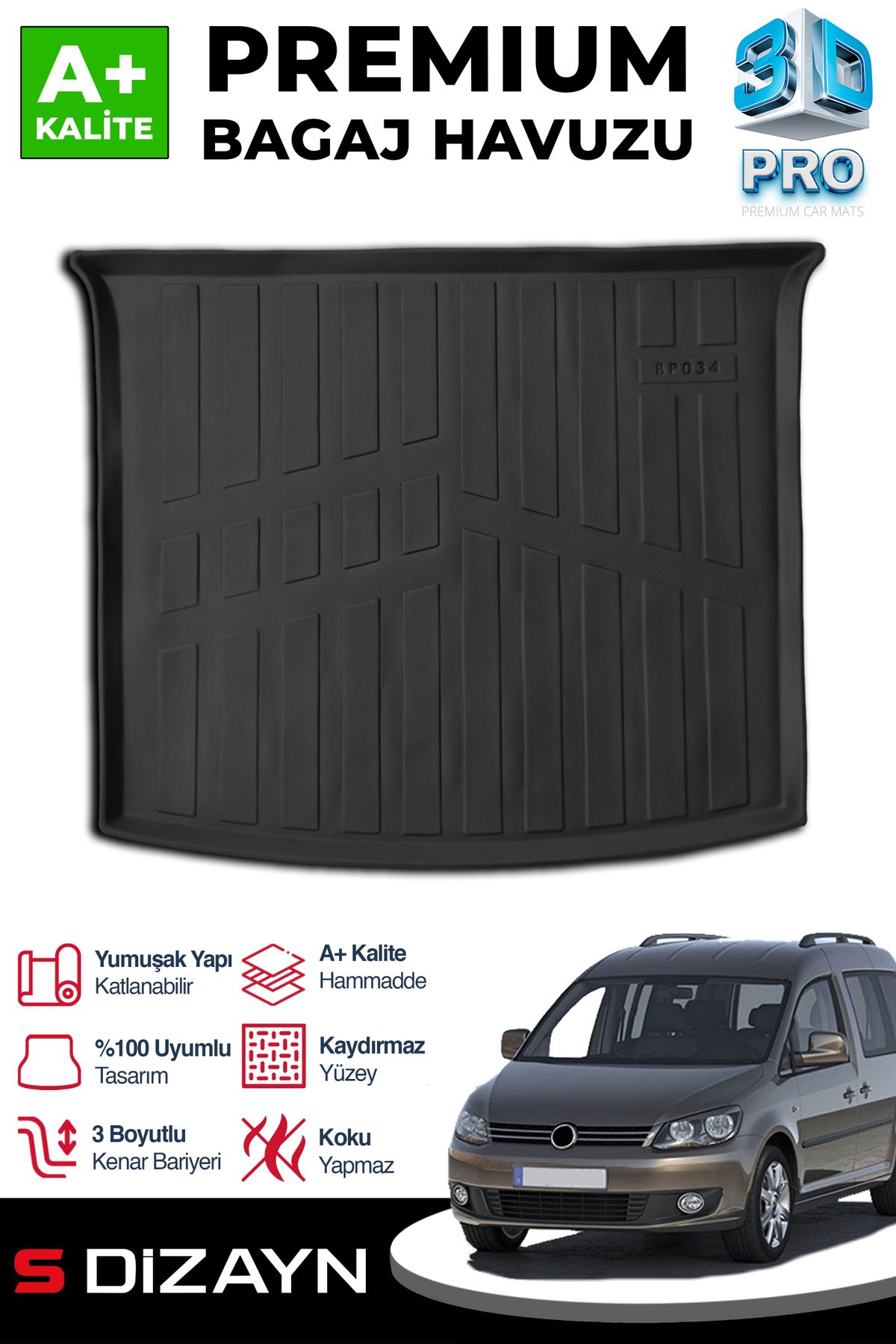 S Dizayn S-Dizayn VW Caddy 3D Pro Bagaj Havuzu 2010-2015 A+ Kalite 3BH-SDZ155