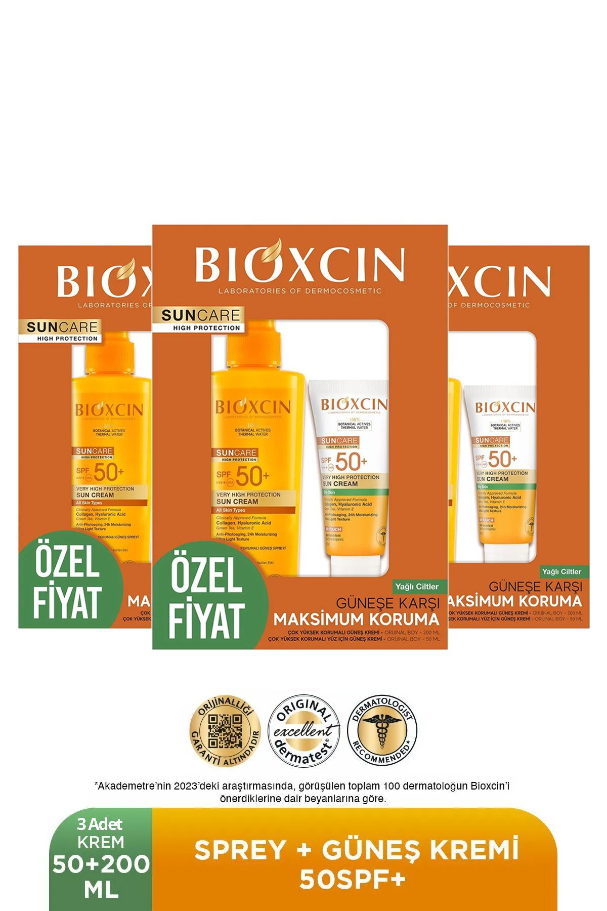 Bioxcin Sun Care Spf 50 Yüz Güneş Kremi 50 ml Karma Yağlı Cilt + Vücut Güneş Spreyi 200 Ml 3 adet
