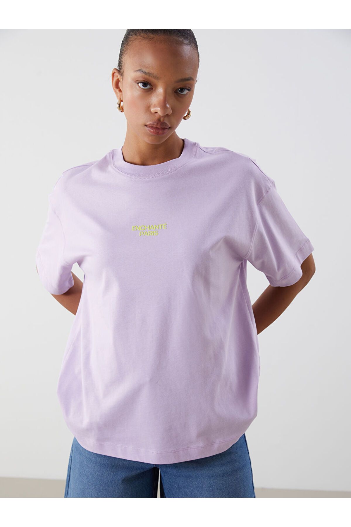 LC Waikiki Yeni Sezon Bisiklet Yaka Paris Baskili Oversize Kadin Tisort - S5PM55Z8