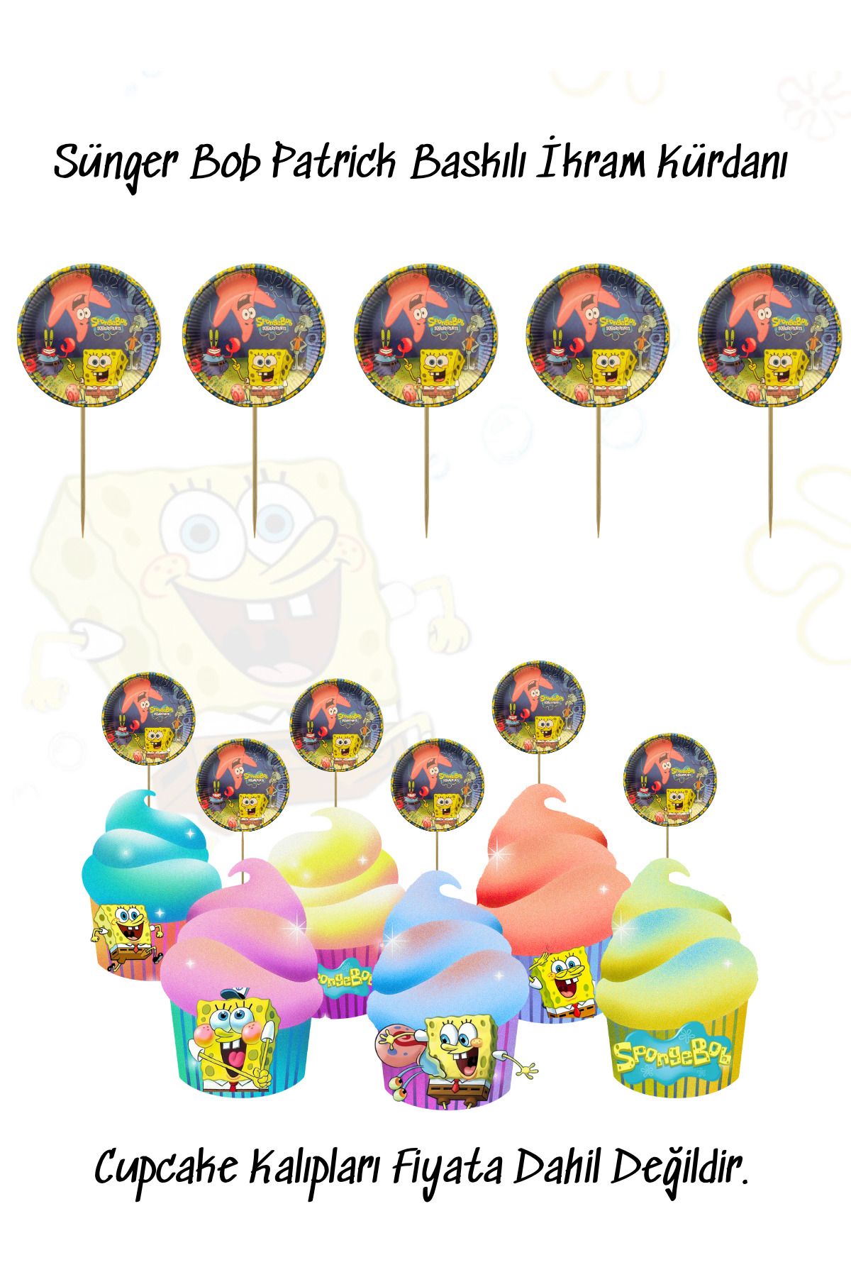 snowparty Sünger Bob Kare Şort Patrick Temalı Baskılı İkram Kürdanı Doğum Günü Süsü