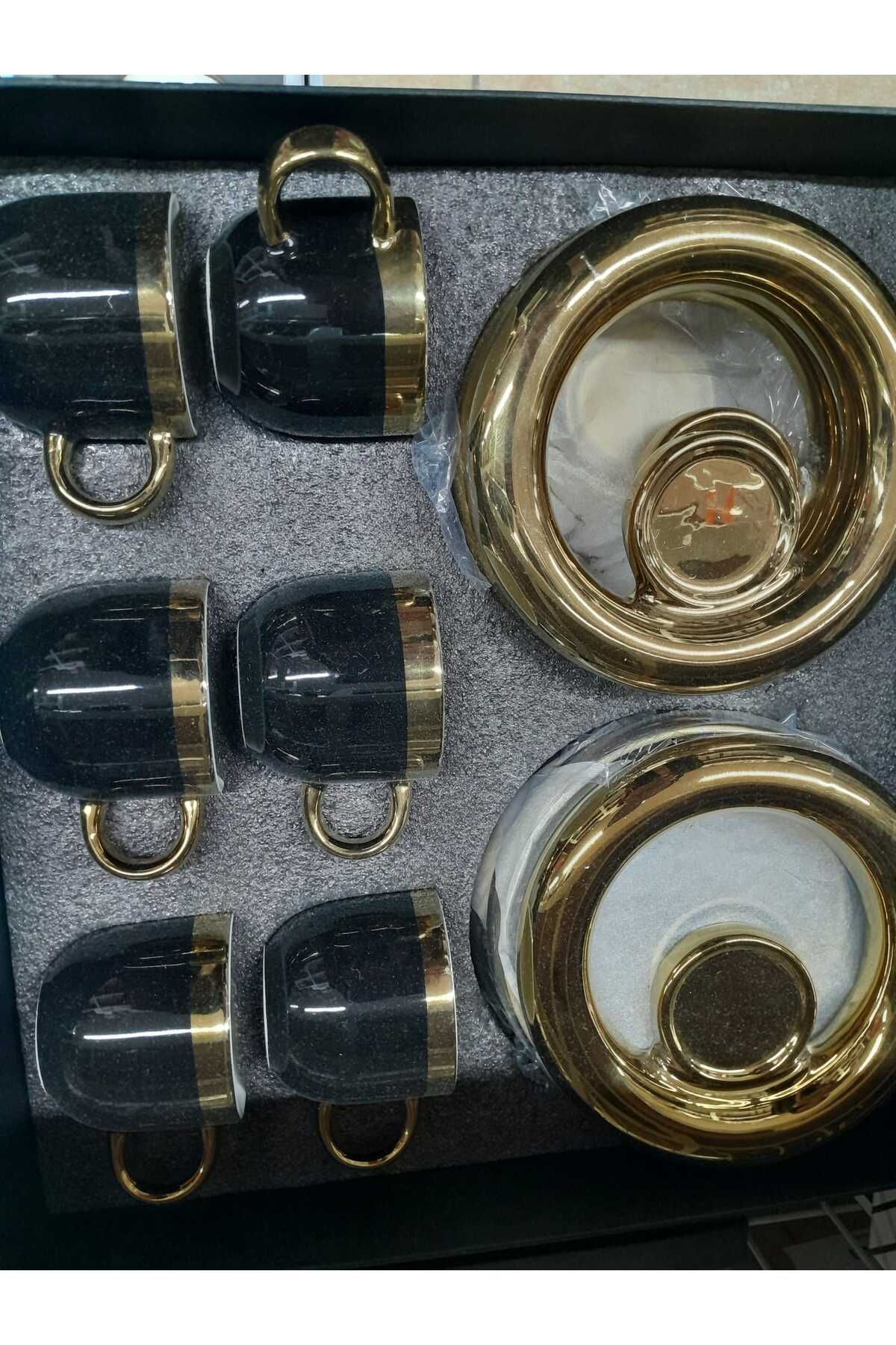 sfs elektrik FİNCAN SİYAH 6 LI YALDIZLI SİYAH GOLD 6 LI 12 PARÇA
