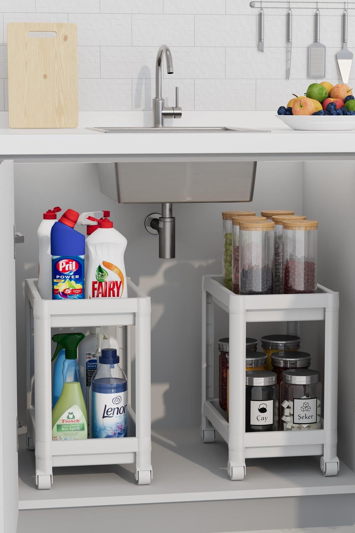 nouray 2 Katlı Tekerlekli Düzenleyici (2Lİ SET) Deterjanlık Mutfak , Banyo Rafı, Dolap , Tezgah , Evye Altı