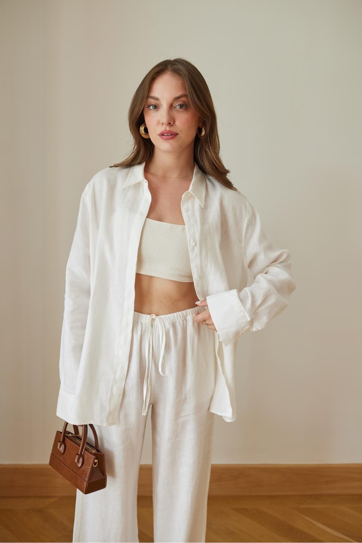 Askı Tekstil Ekru Oval Kesim Oversize Keten Gömlek