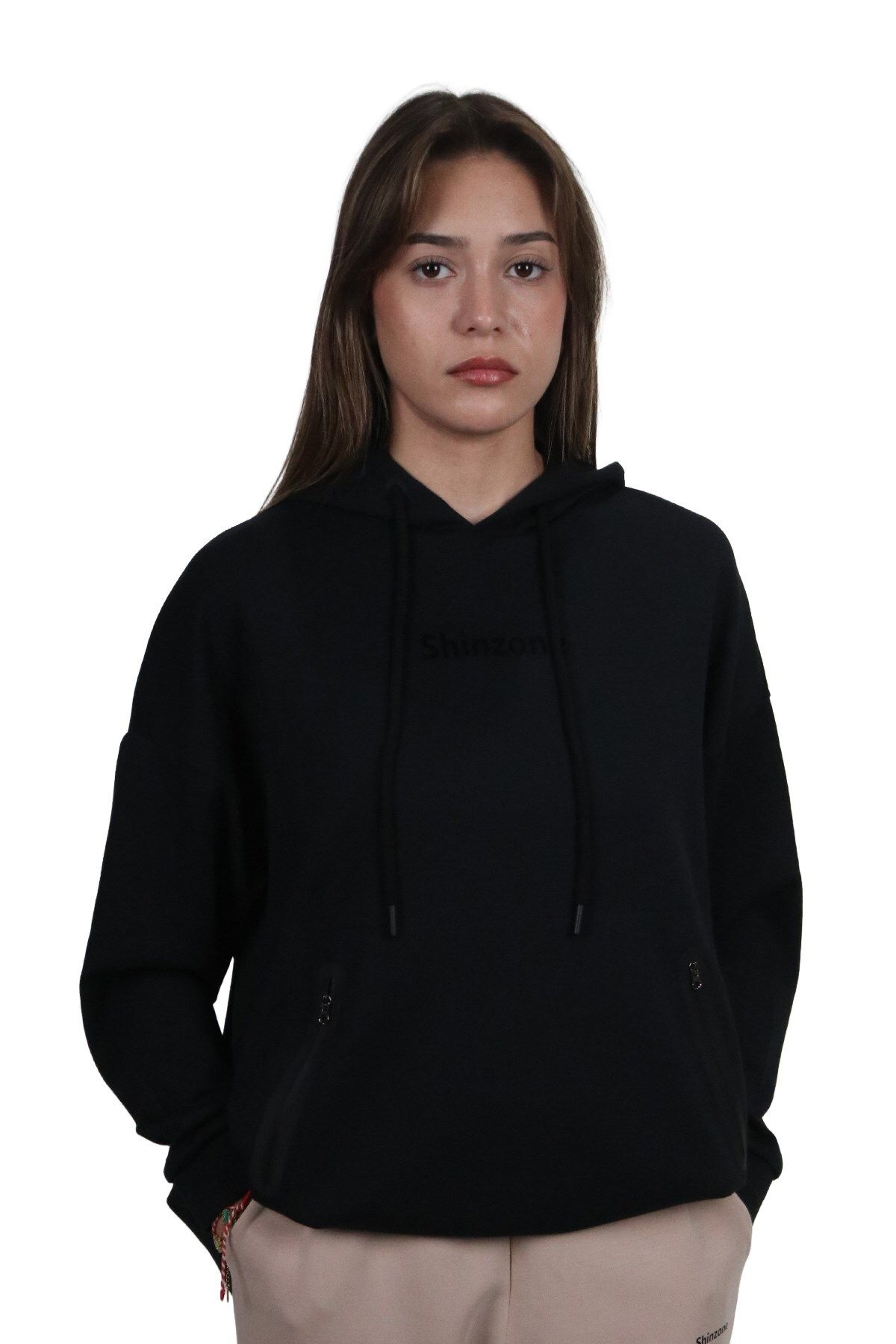 Shinzone Kadın Yumuşak Dokulu Modal Kumaş Fermuar Cep Detaylı Rahat Kalıp Siyah Kapüşonlu Sweatshirt