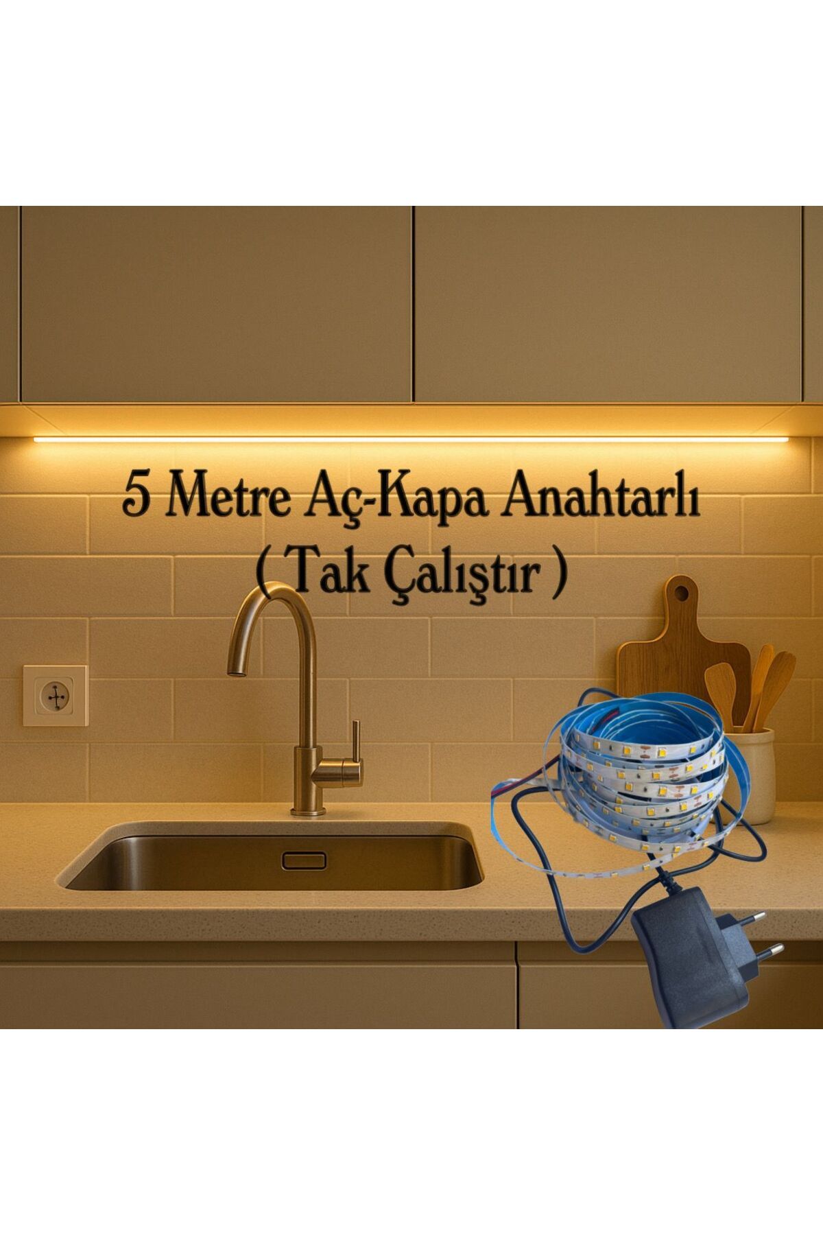 BMG Aydınlatma Mutfak Dolabı Tezgah Üstü Aydınlatma İçin 5 Metre Tak Çalıştır Anahtarlı Şerit LED Gün Işığı