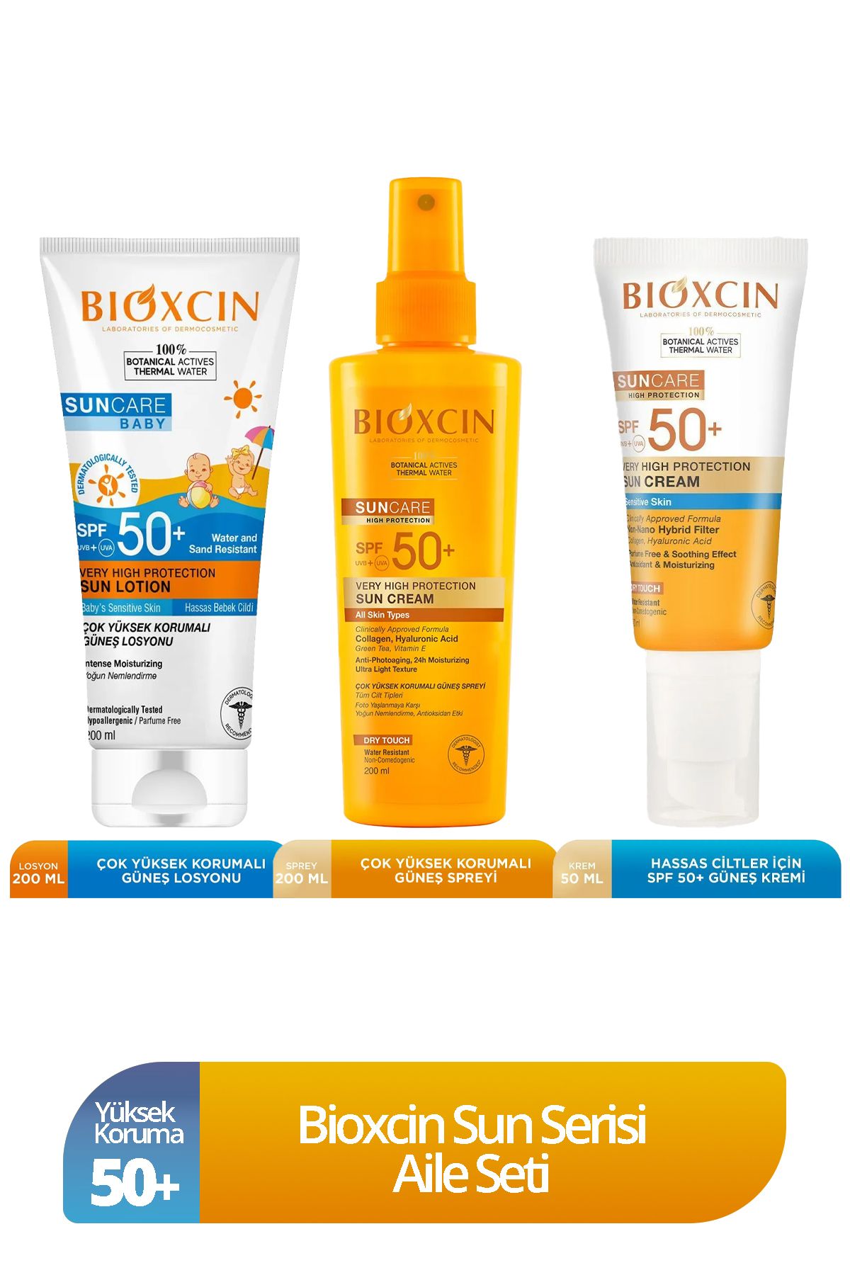 Bioxcin Sun Care Aile Seti 3'lü- Yüksek Korumalı Yetişkin ve Çocuk Güneş Kremi ve Güneş Spreyi