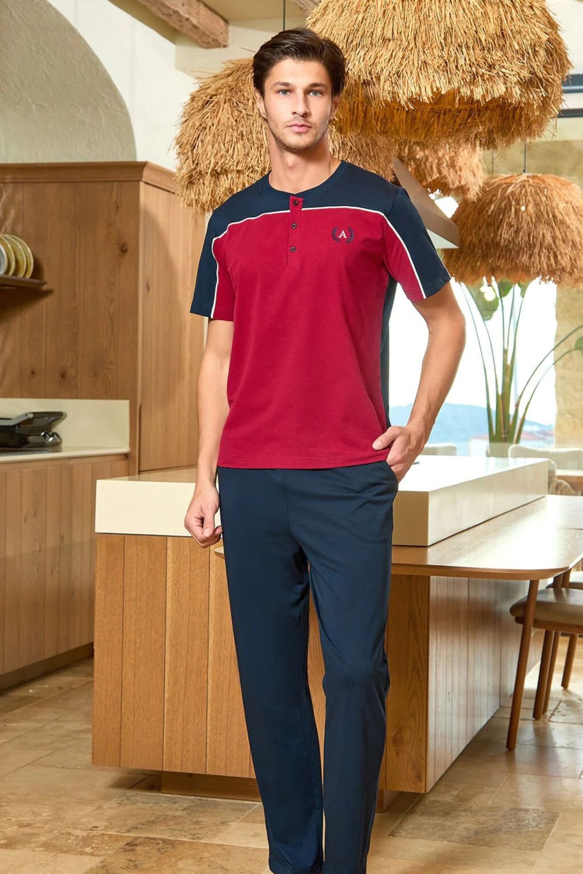 Mavelle Erkek Bordo Kısa Kollu Pamuklu Pijama Takımı 25924