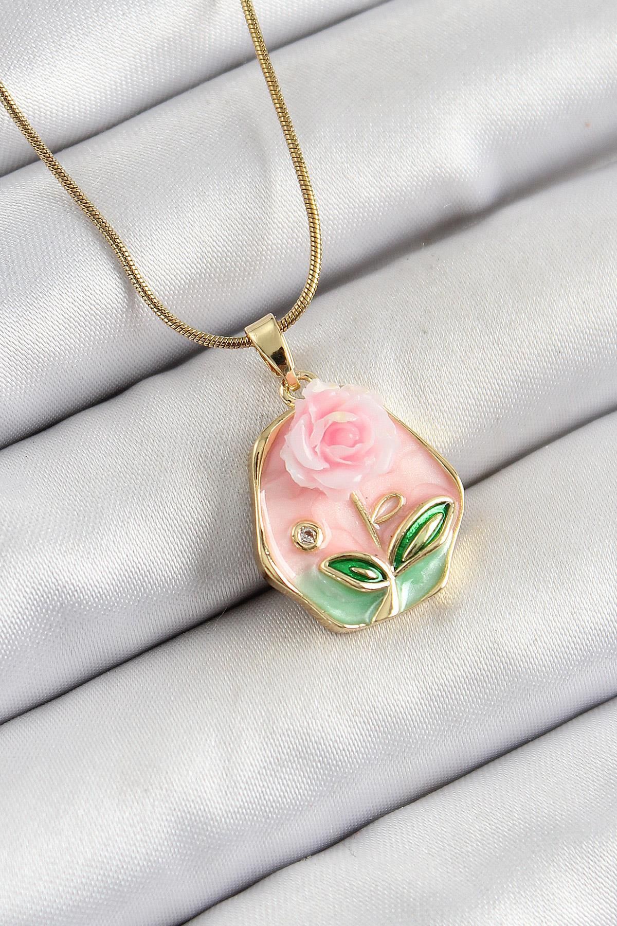 Celira Çelik Zincir Zirkon Taşlı Pembe Sanatsal Portre Gül Figürlü Beşgen Model Gold Renk Kadın Koly