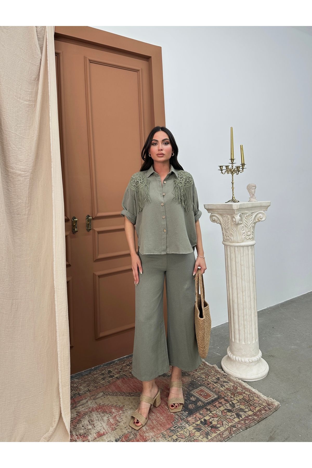 AsprinFashion YIKAMALI KETEN GÖMLEK HAKİ