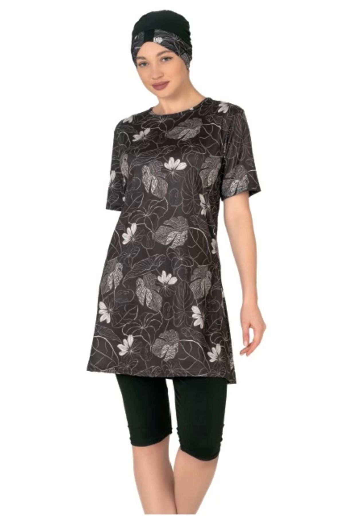Modafiks Fantasy 3455 Yaprak Desenli Yarı Tesettür Mayo - DESENLİ - 4XL