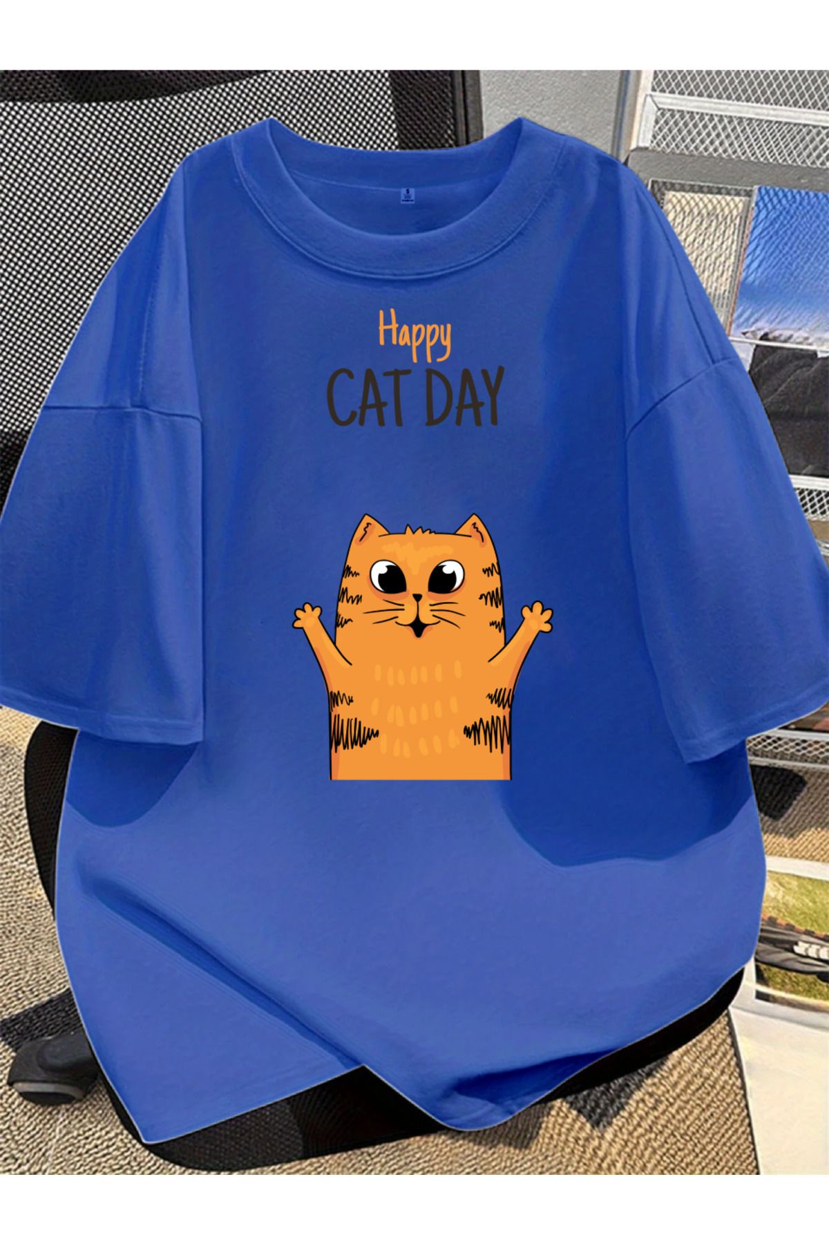aynewmoda Büyük Beden Kayık Yaka (Cat) Baskılı Oversize %100 Pamuk T-shirt